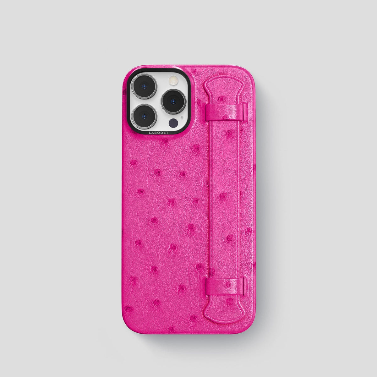 Fuchsia iPhone 14 Pro Handle Case Ostrich with Black Metal -1 | Fuchsia-Black