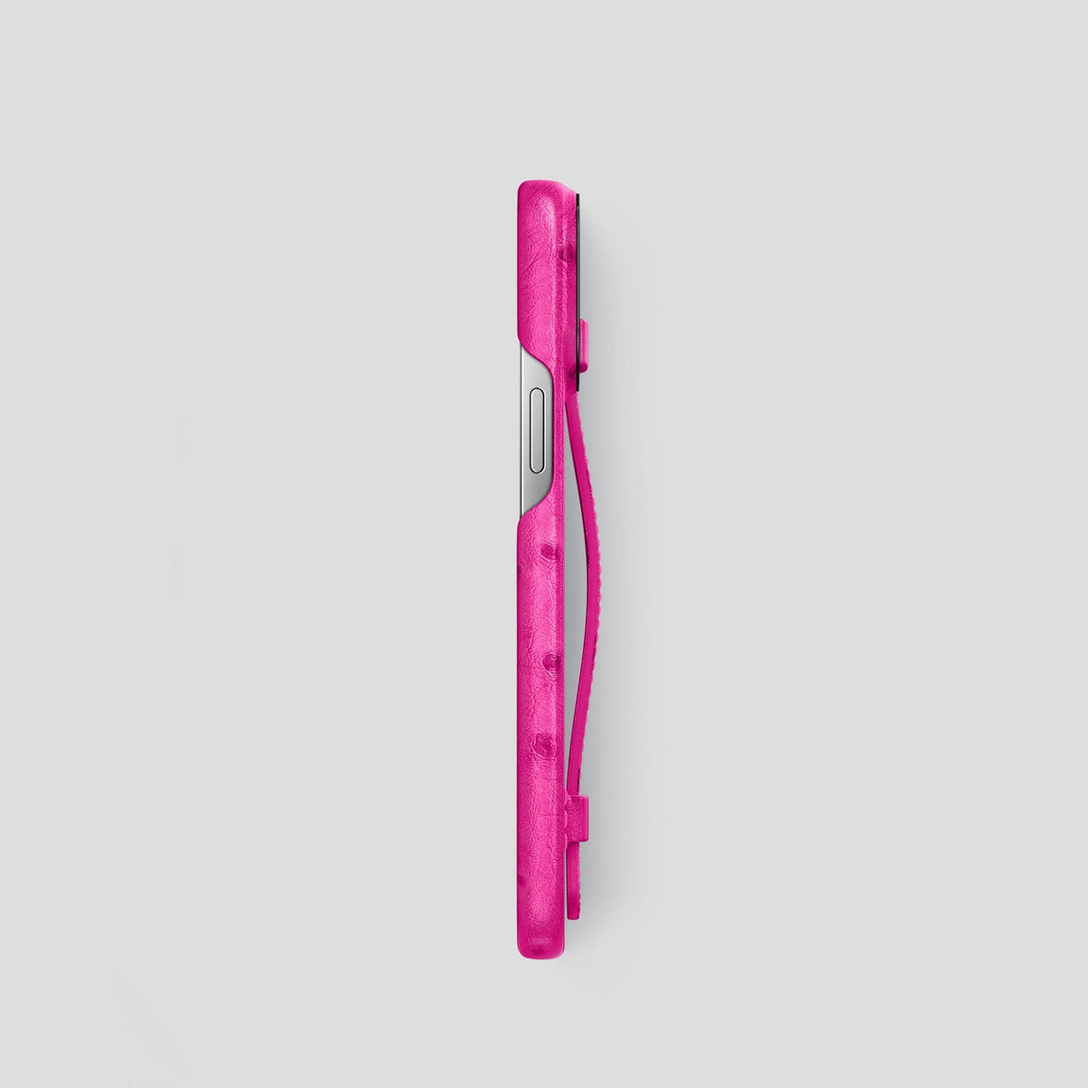 Fuchsia iPhone 14 Pro Handle Case Ostrich with Black Metal -3 | Fuchsia-Black