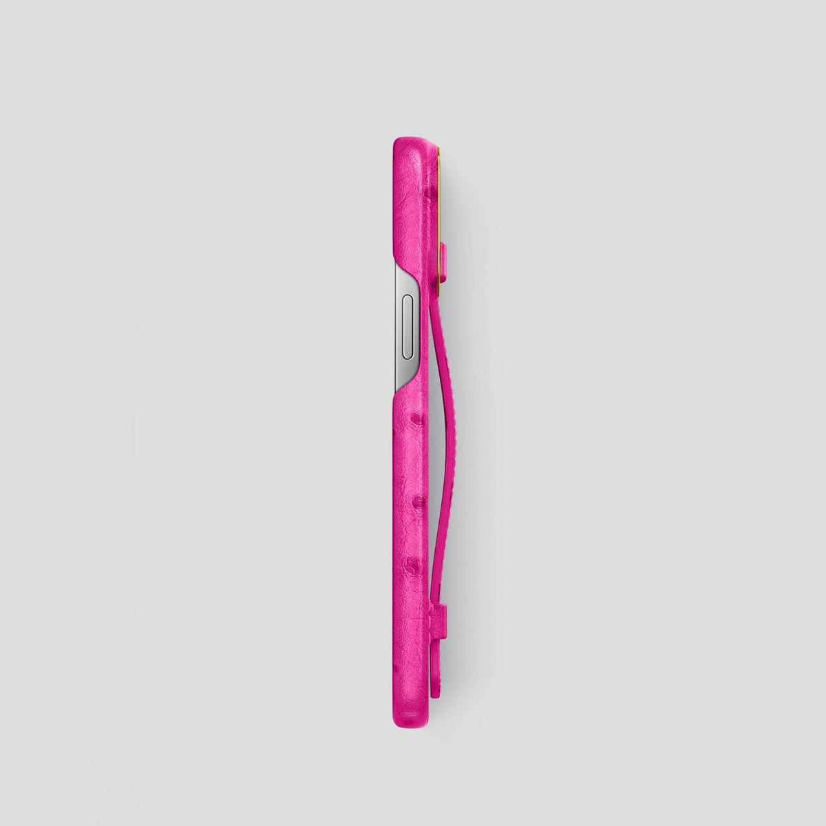 Fuchsia iPhone 14 Pro Handle Case Ostrich with Gold Metal -3 | Fuchsia-Gold