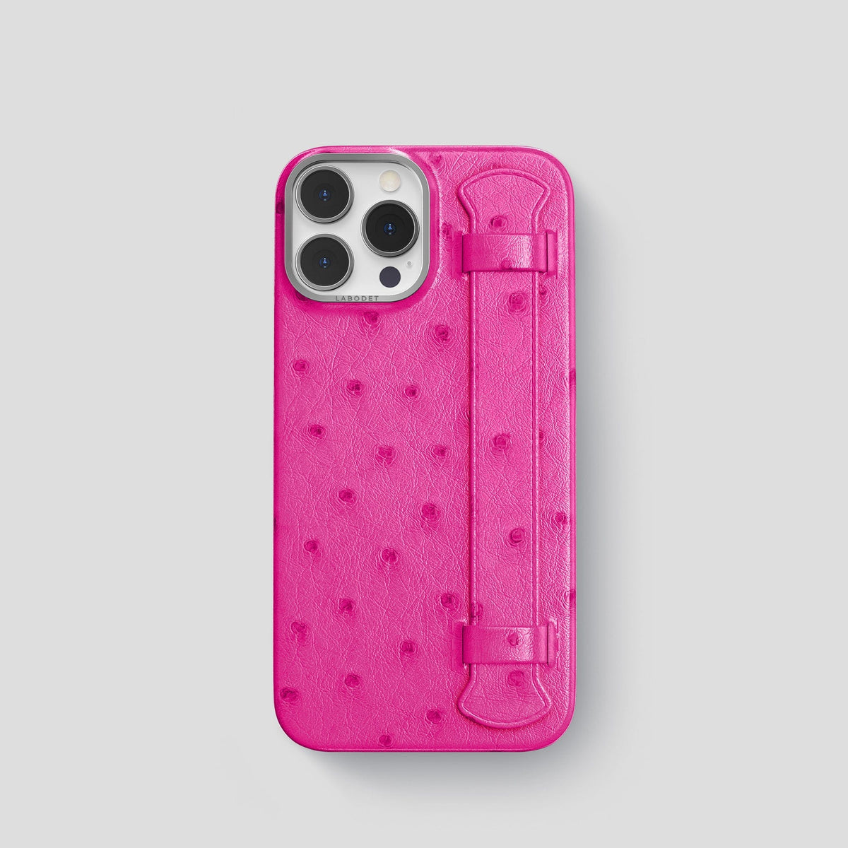 Fuchsia iPhone 14 Pro Handle Case Ostrich with Steel Metal -1 | Fuchsia-Steel