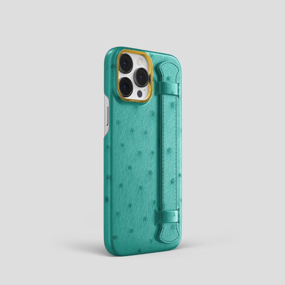 Turquoise iPhone 14 Pro Handle Case Ostrich with Gold Metal -2 | Turquoise-Gold