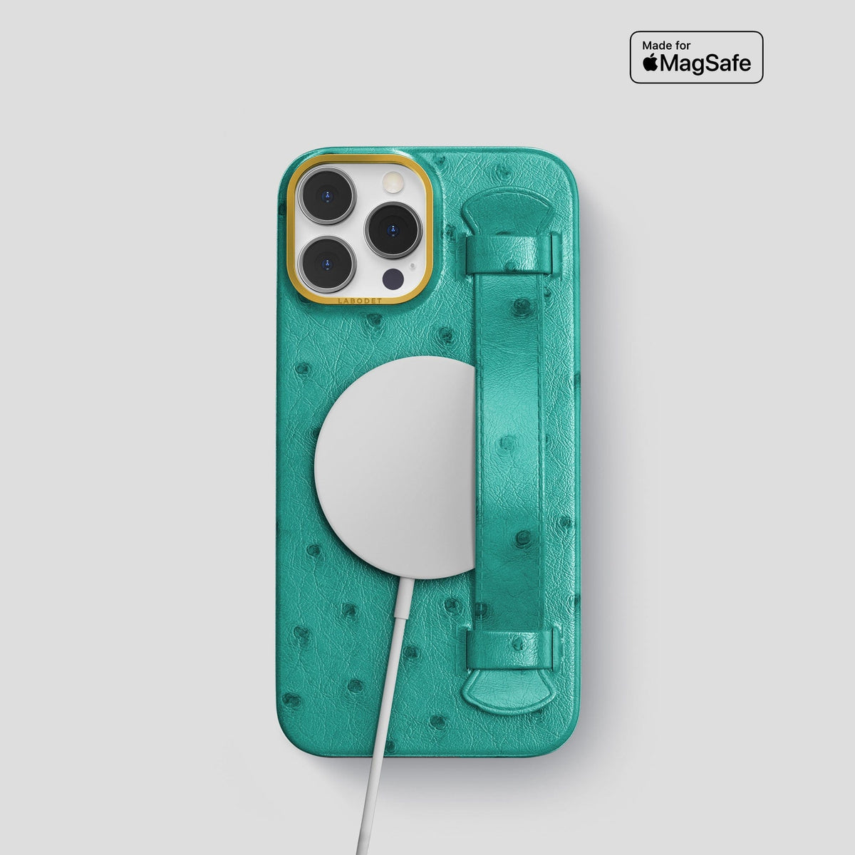 Turquoise iPhone 14 Pro Handle Case Ostrich with Gold Metal -5 | Turquoise-Gold
