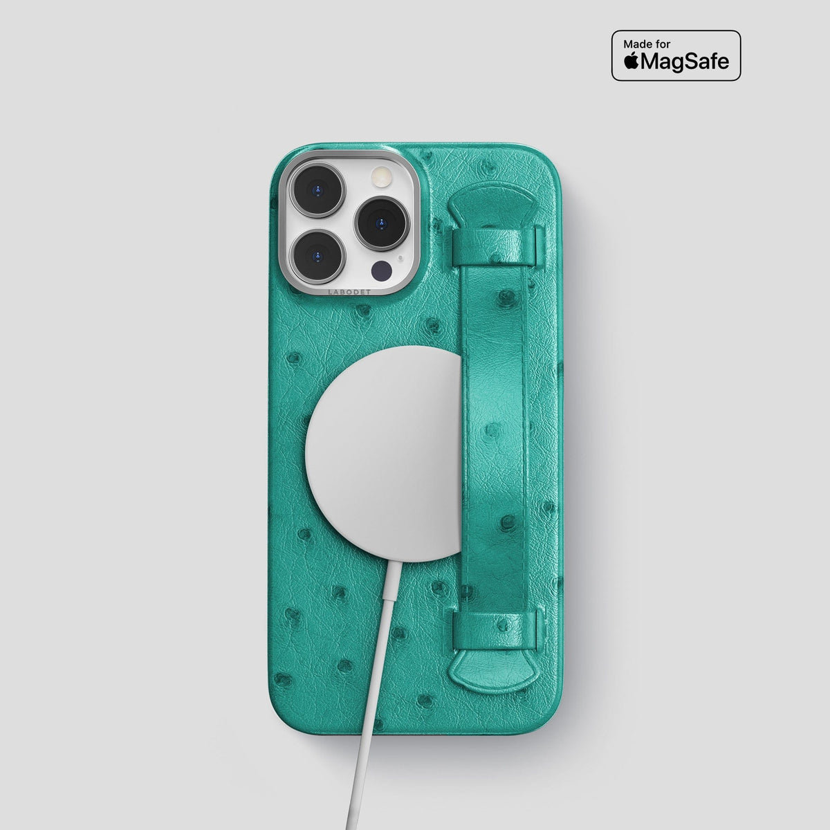 Turquoise iPhone 14 Pro Handle Case Ostrich with Steel Metal -5 | Turquoise-Steel