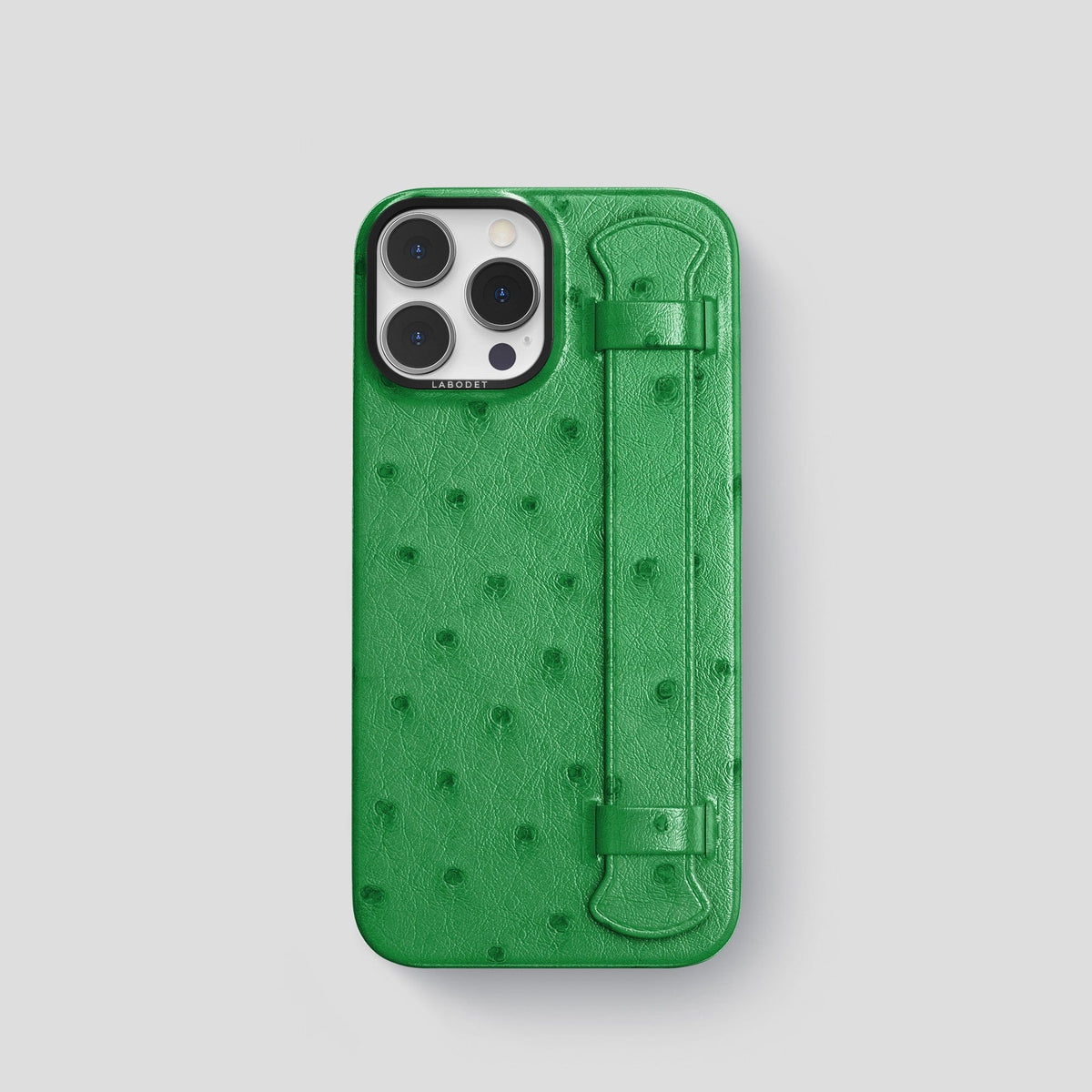 Kentucky Green iPhone 14 Pro Handle Case Ostrich with Black Metal -1 | Kentucky-Green-Black