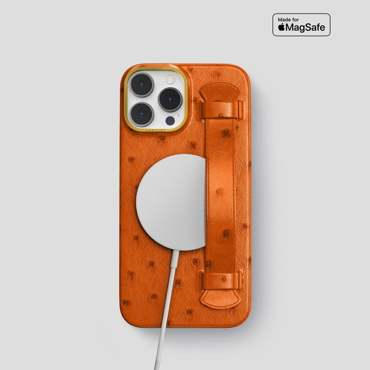 Medium-Brown iPhone 14 Pro Handle Case Ostrich with Gold Metal -5 | Medium-Brown-Gold