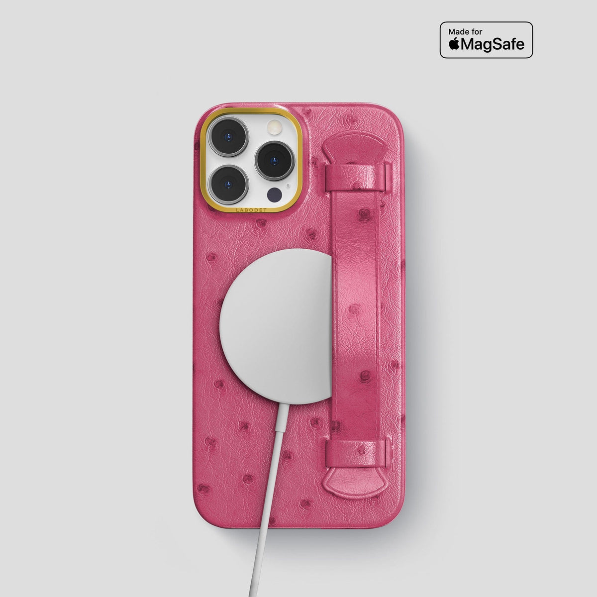 Petal Pink iPhone 14 Pro Max Handle Case Ostrich with Gold Metal -5 | Petal-Pink-Gold