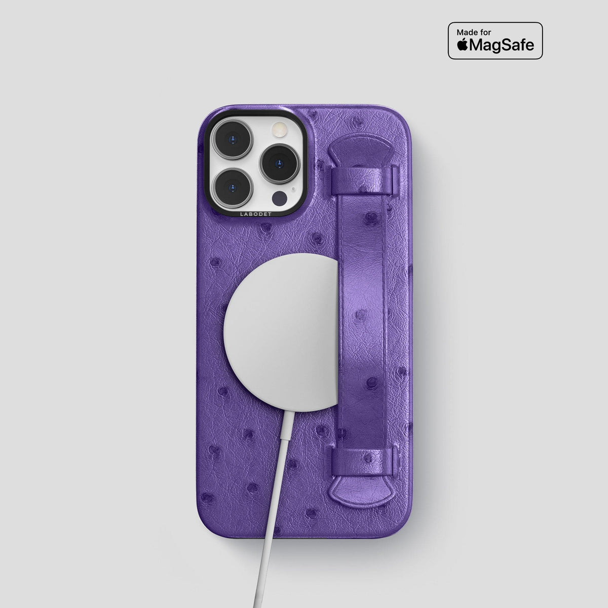 Purple iPhone 14 Pro Handle Case Ostrich with Black Metal -5 | Purple-Black