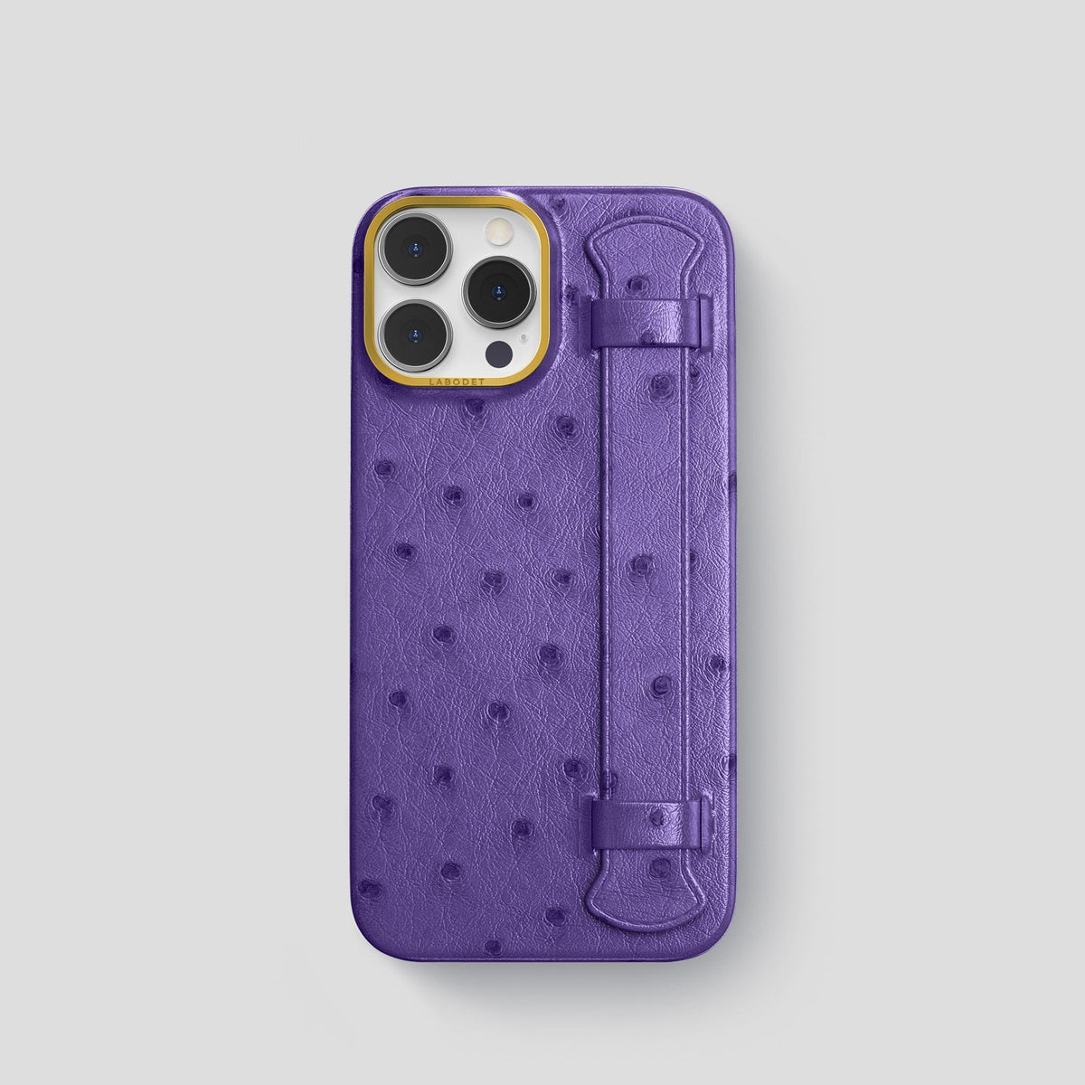 Purple iPhone 14 Pro Handle Case Ostrich with Gold Metal -1 | Purple-Gold