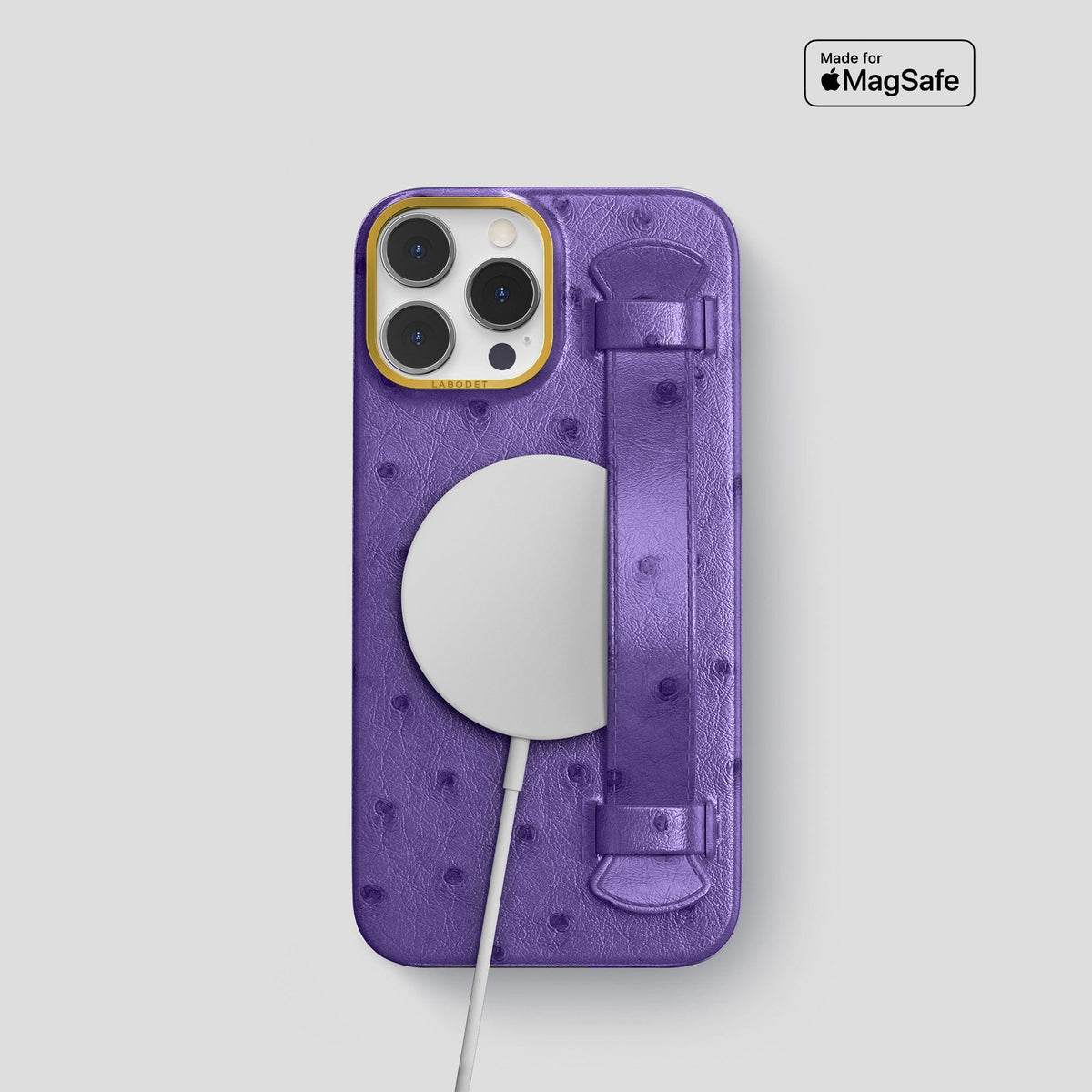 Purple iPhone 14 Pro Handle Case Ostrich with Gold Metal -5 | Purple-Gold