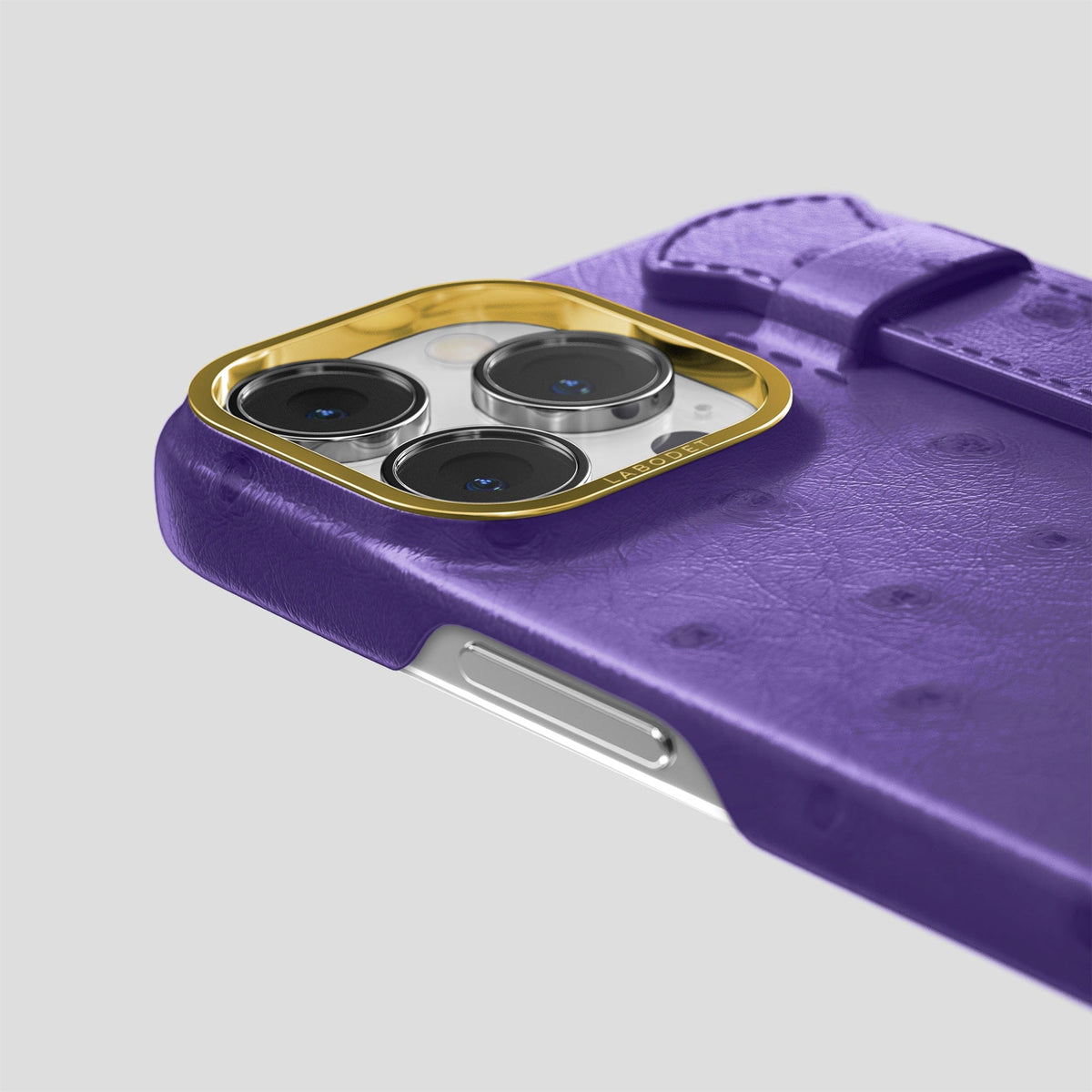 Purple iPhone 14 Pro Handle Case Ostrich with Gold Metal -6 | Purple-Gold