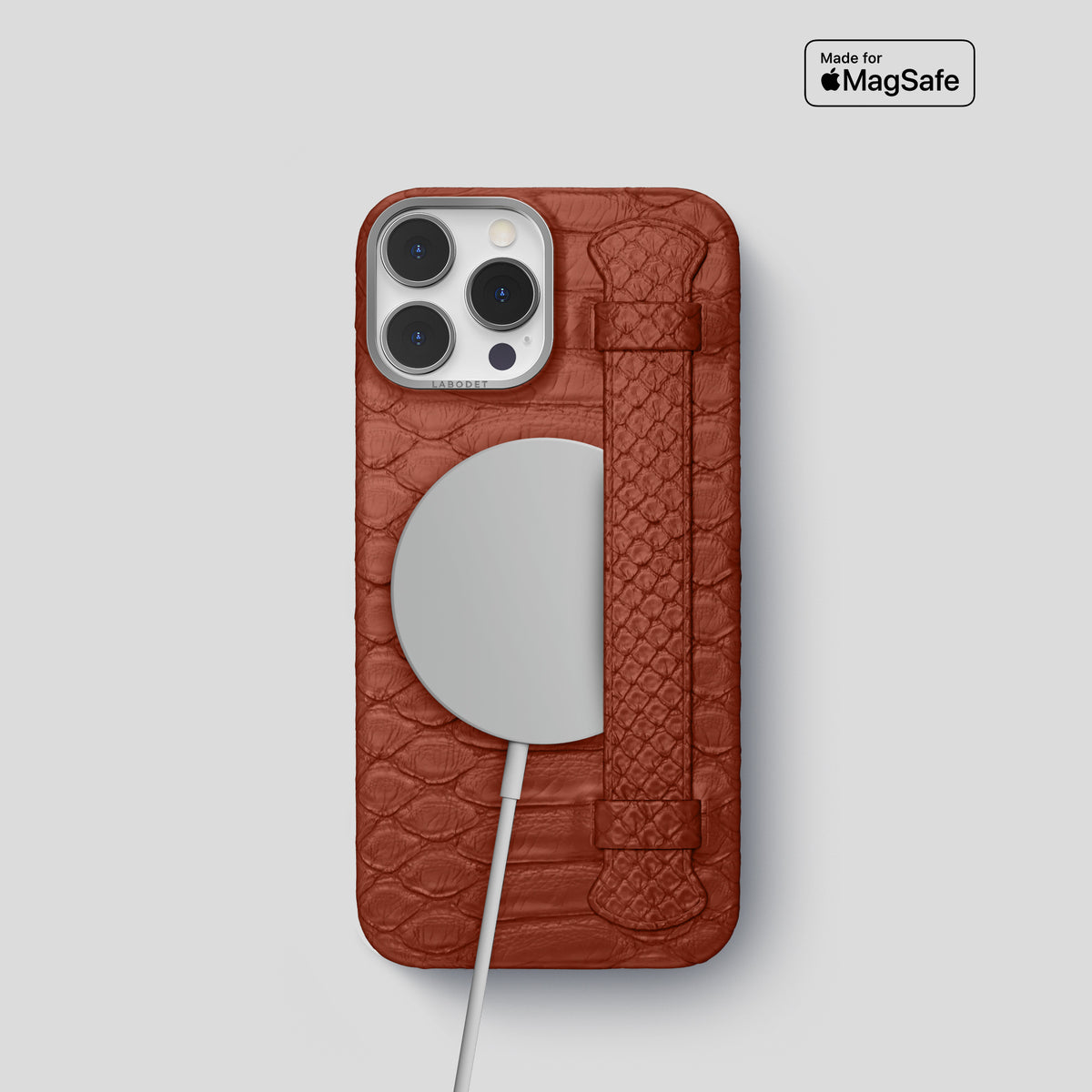 Medium-Brown iPhone 15 Pro Handle Case Python with Steel Metal -5 | Medium-Brown-Steel