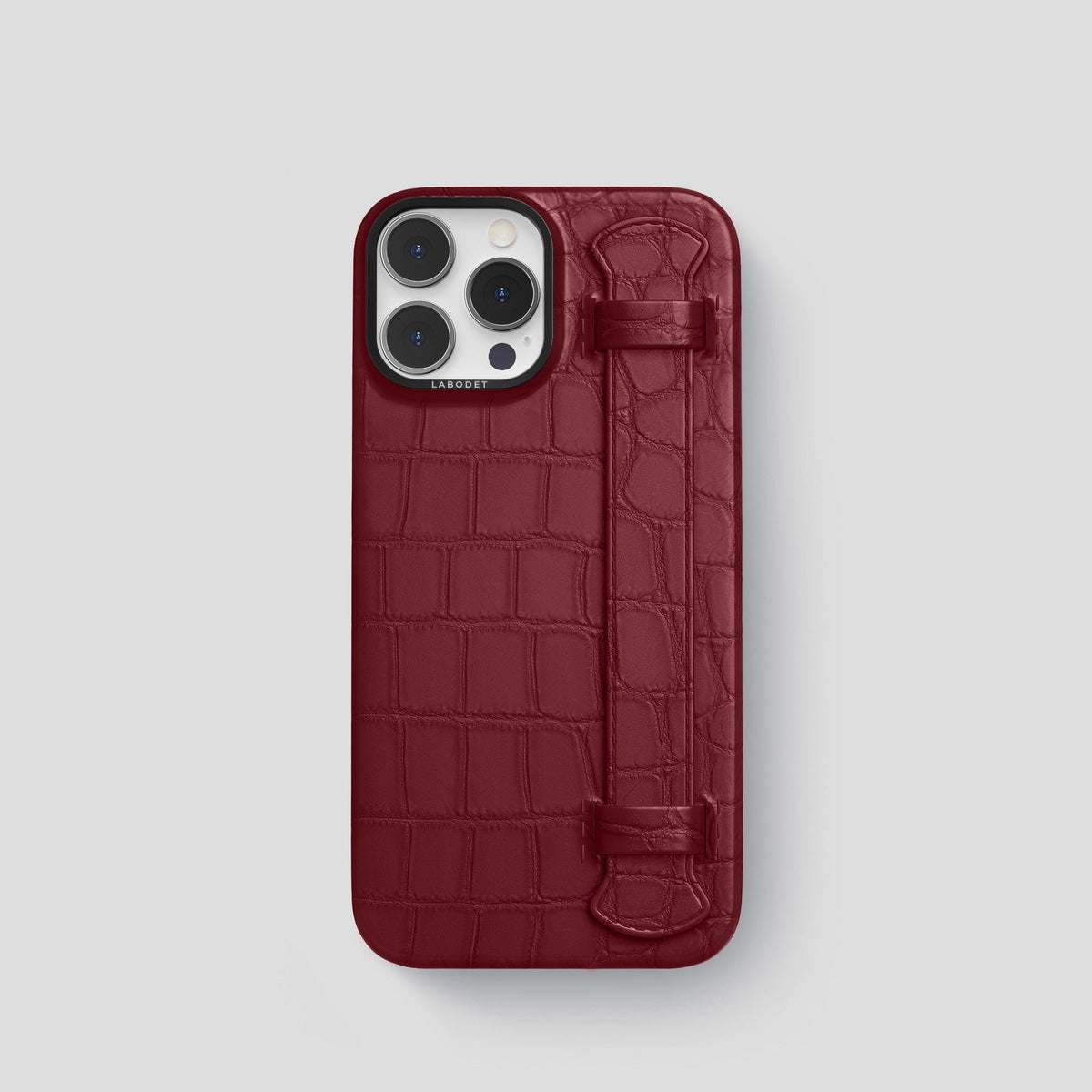 Burgundy iPhone 14 Pro Strap Case Alligator with Black Metal -1 | Burgundy-Black