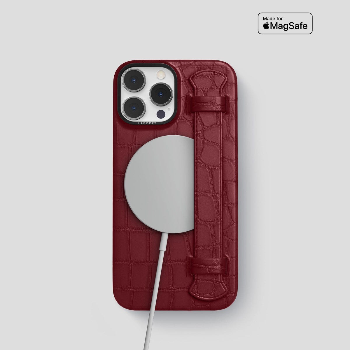 Burgundy iPhone 14 Pro Strap Case Alligator with Black Metal -4 | Burgundy-Black