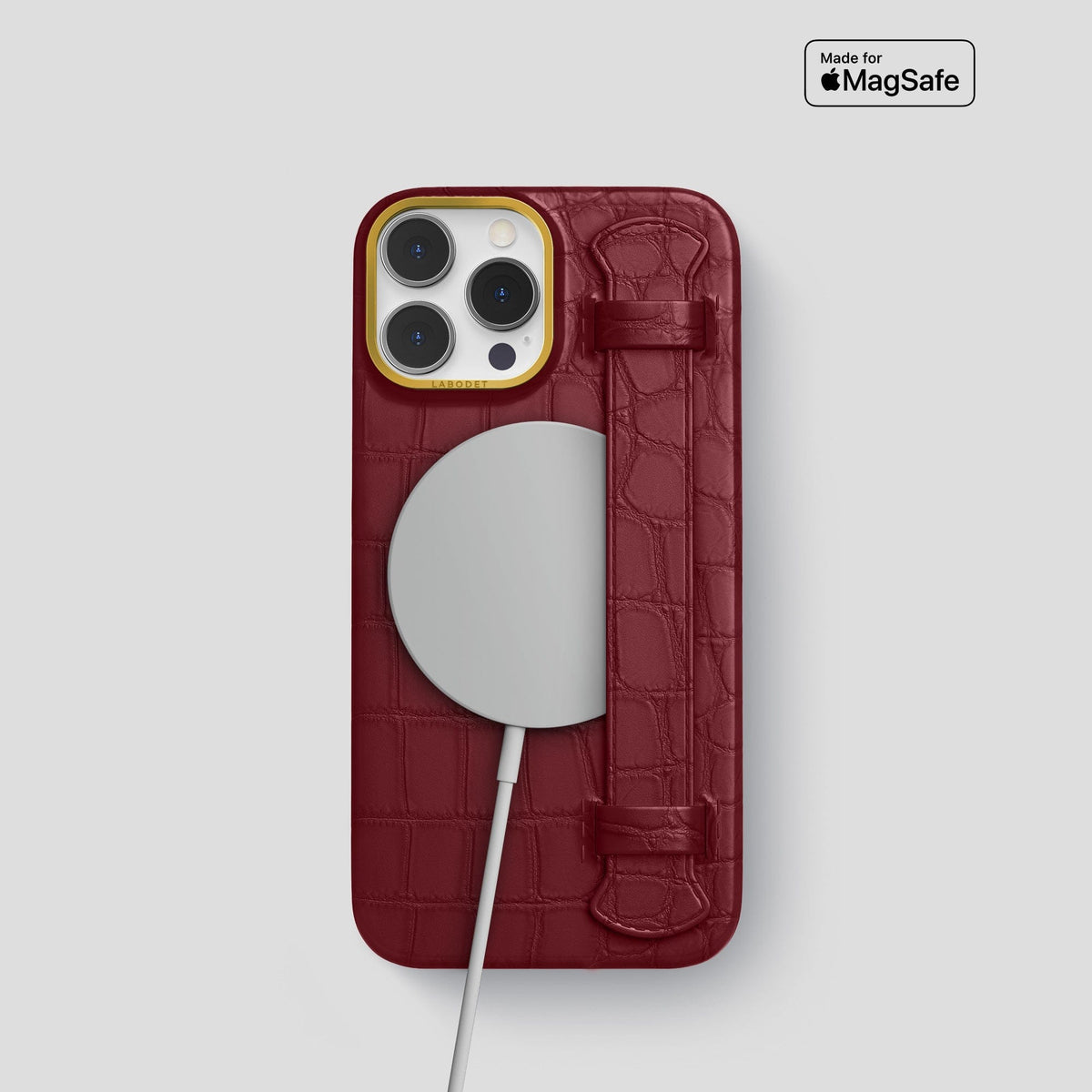 Burgundy iPhone 14 Pro Strap Case Alligator with Gold Metal -4 | Burgundy-Gold