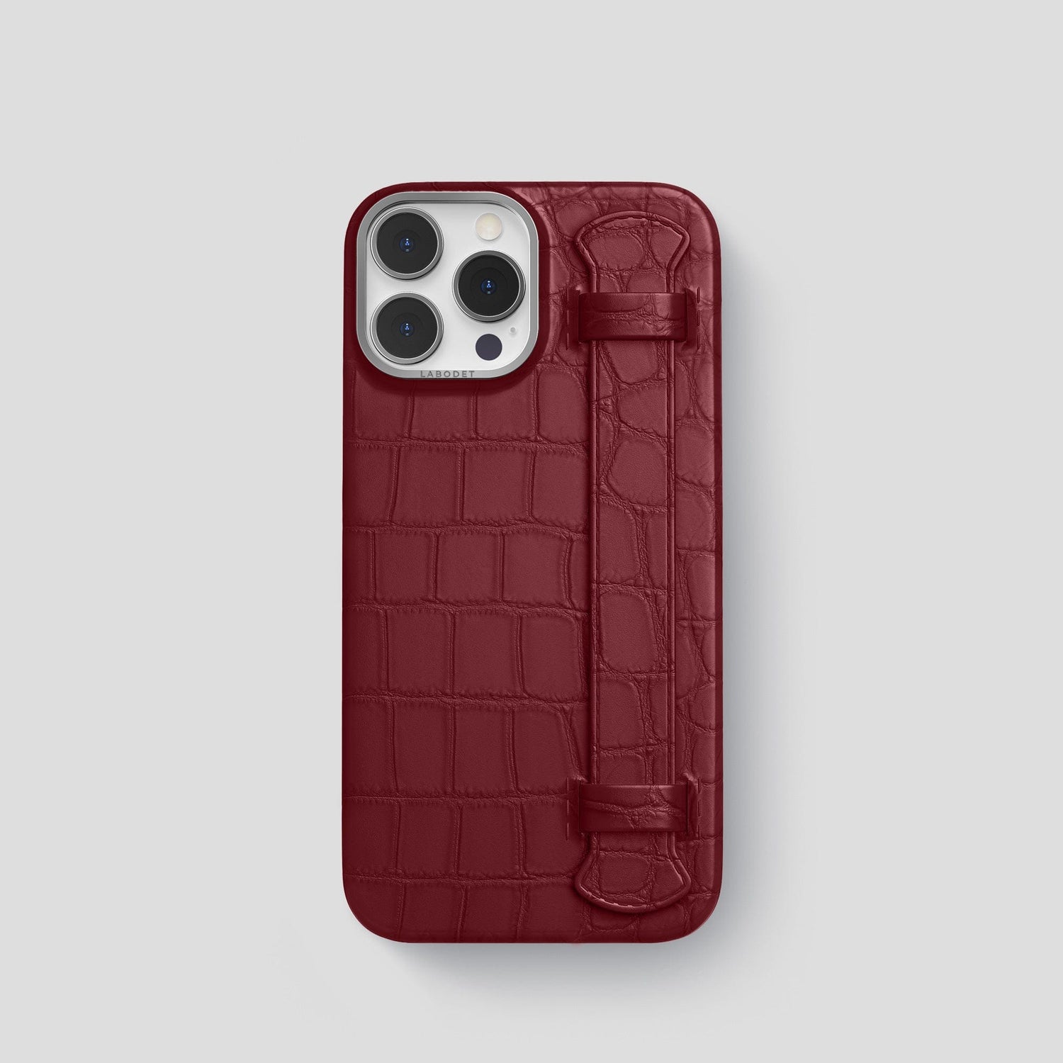 Burgundy iPhone 14 Pro Strap Case Alligator with Steel Metal -1 | Burgundy-Steel