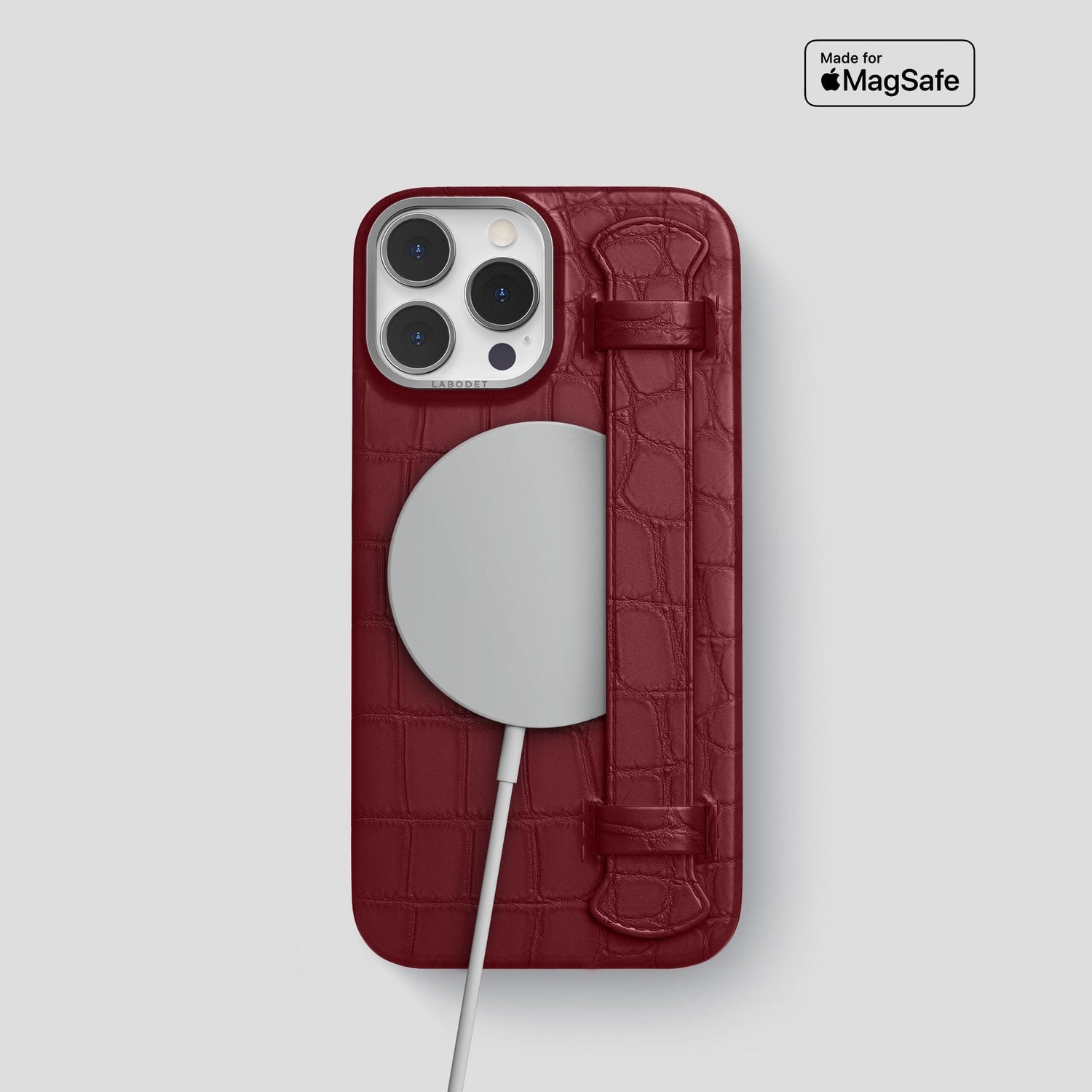 Burgundy iPhone 14 Pro Strap Case Alligator with Steel Metal -4 | Burgundy-Steel