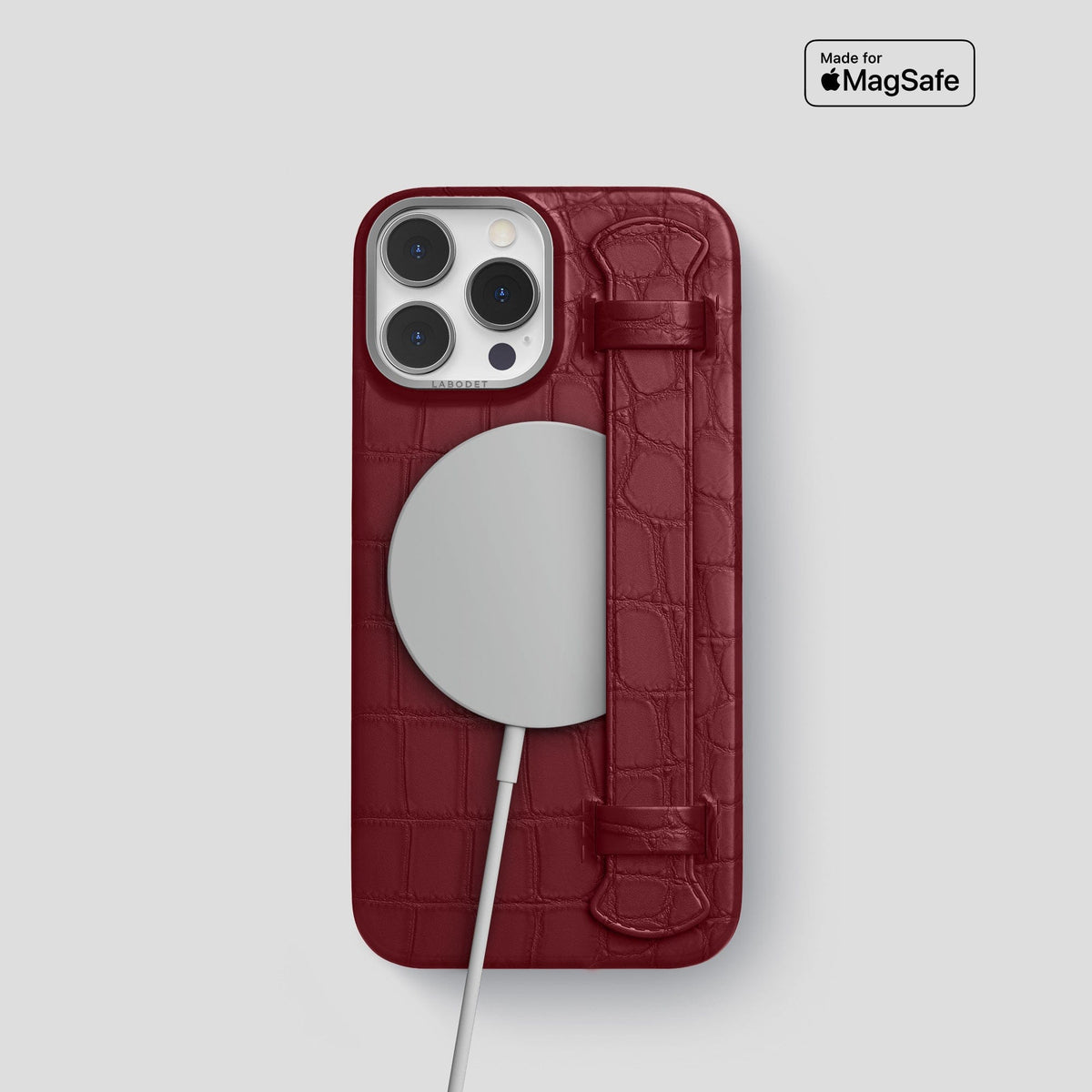 Burgundy iPhone 14 Pro Strap Case Alligator with Steel Metal -4 | Burgundy-Steel