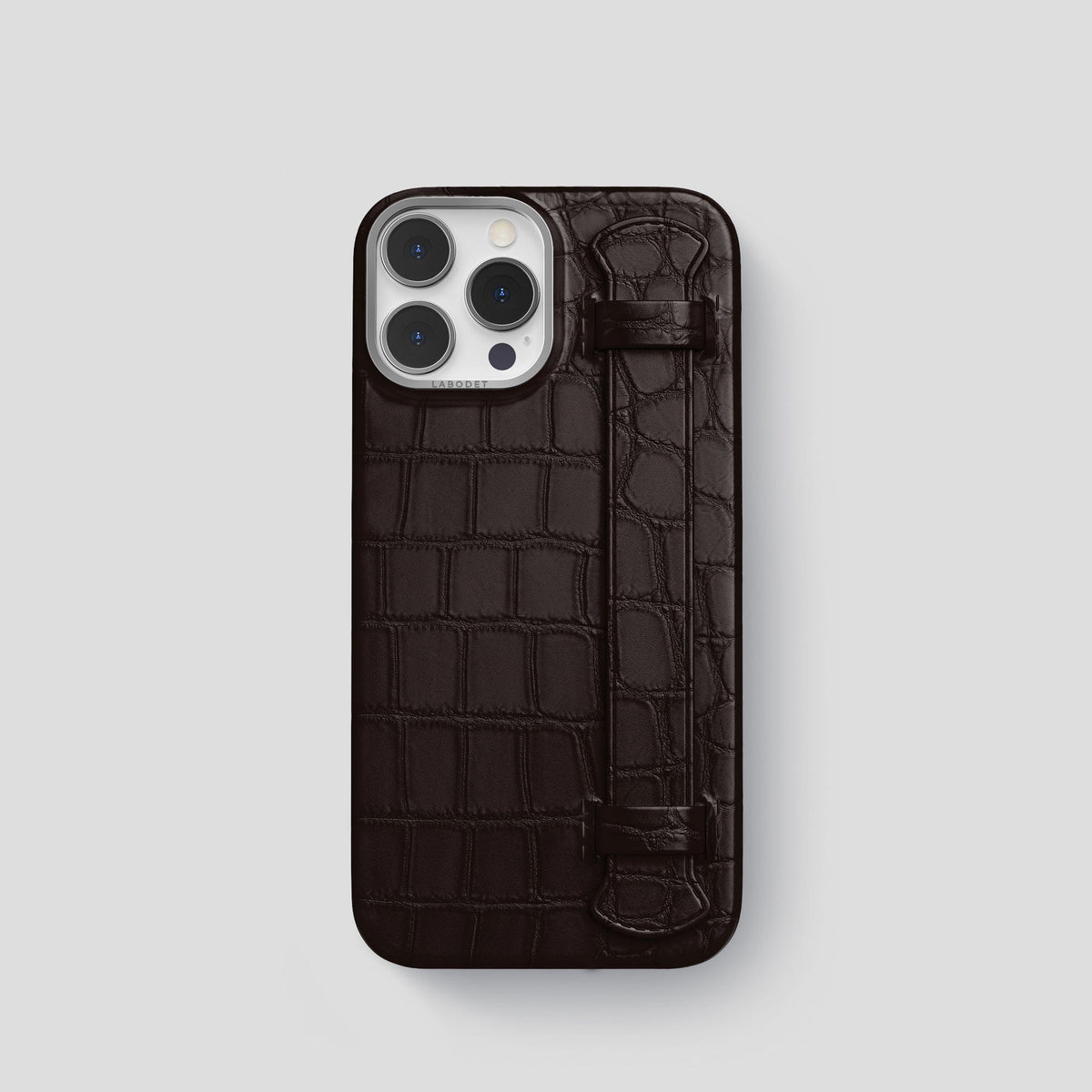 Dark Brown iPhone 14 Pro Strap Case Alligator with Steel Metal -1 | Dark-Brown-Steel