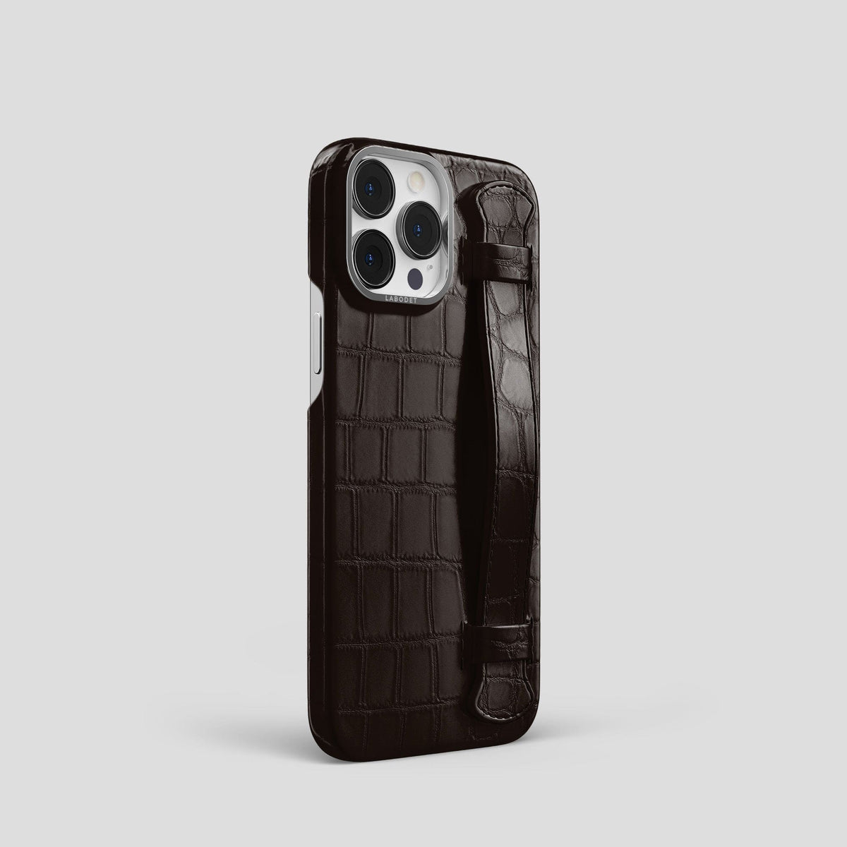 Dark Brown iPhone 14 Pro Strap Case Alligator with Steel Metal -2 | Dark-Brown-Steel