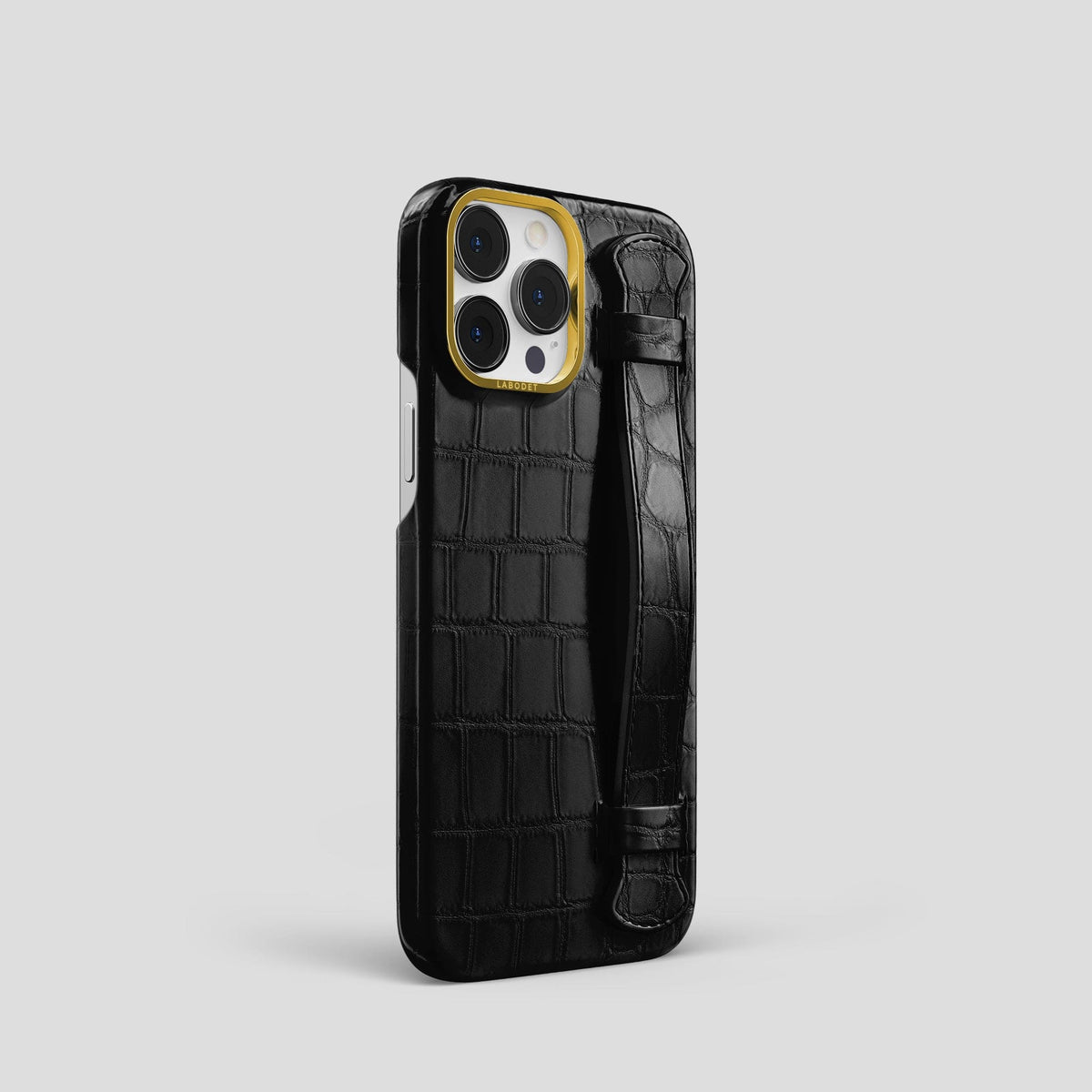 Black iPhone 14 Pro Strap Case Alligator with Gold Metal -2 | Black-Gold