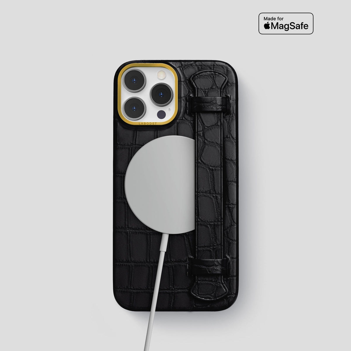 Black iPhone 14 Pro Strap Case Alligator with Gold Metal -4 | Black-Gold