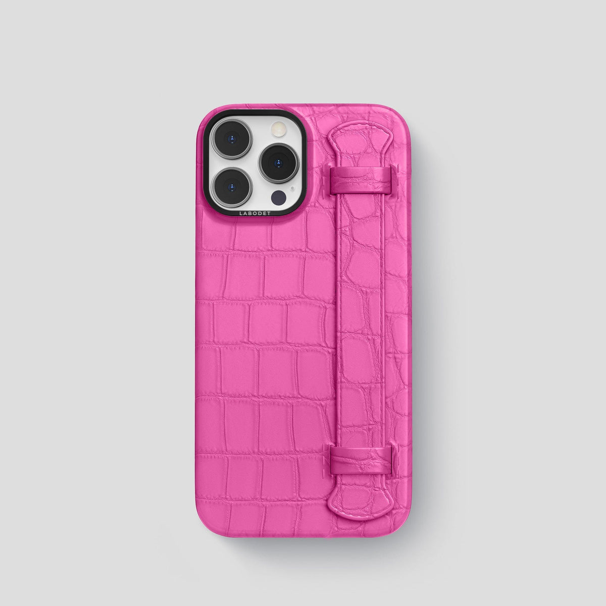 Fuchsia iPhone 14 Pro Strap Case Alligator with Black Metal -1 | Fuchsia-Black