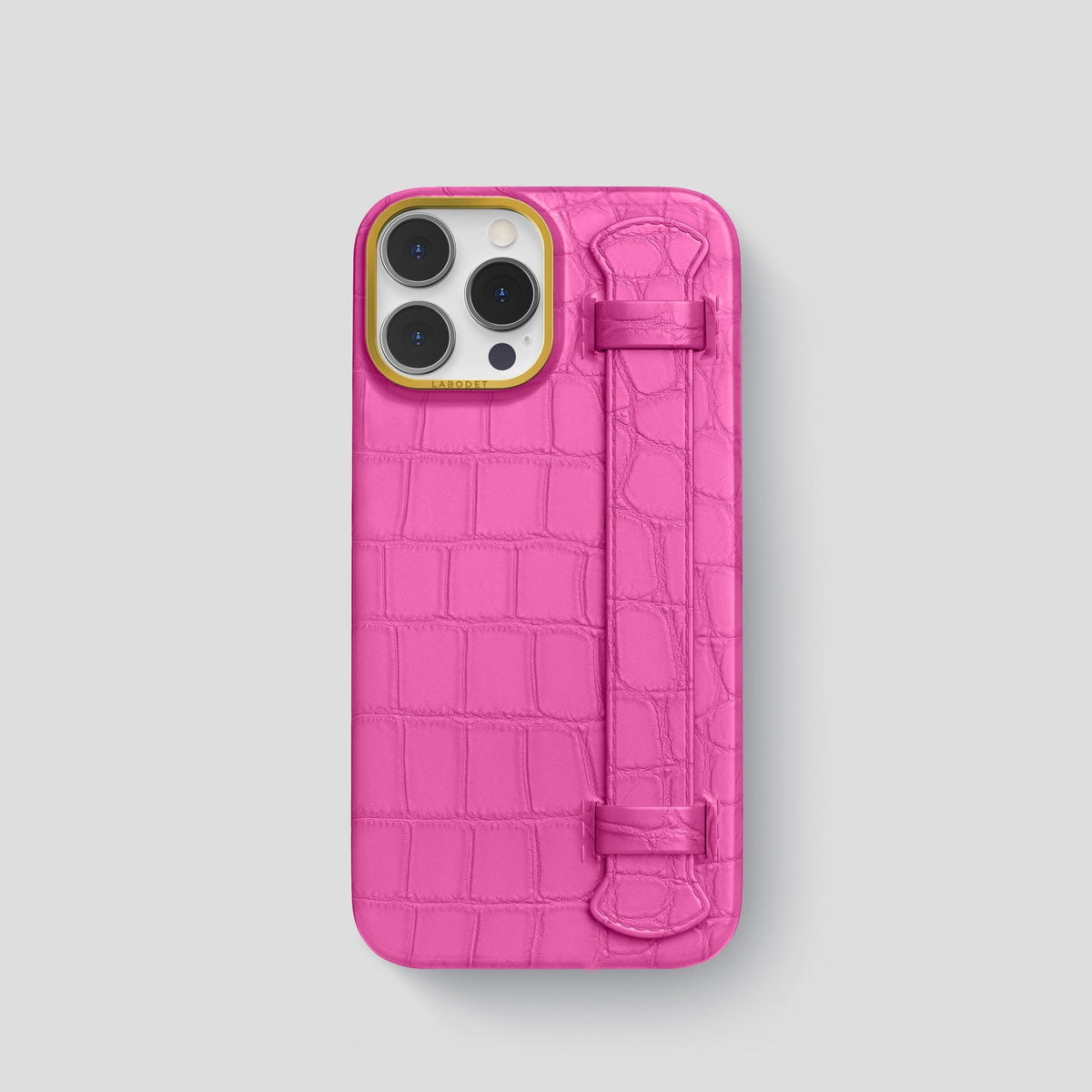 Fuchsia iPhone 14 Pro Strap Case Alligator with Gold Metal -1 | Fuchsia-Gold
