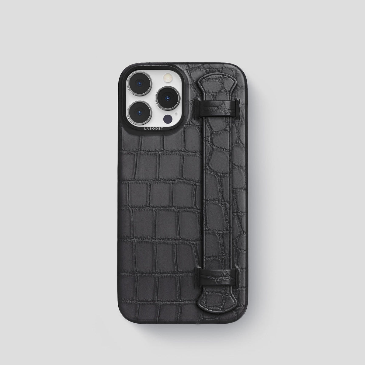 Grey iPhone 14 Pro Strap Case Alligator with Black Metal -1 | Grey-Black