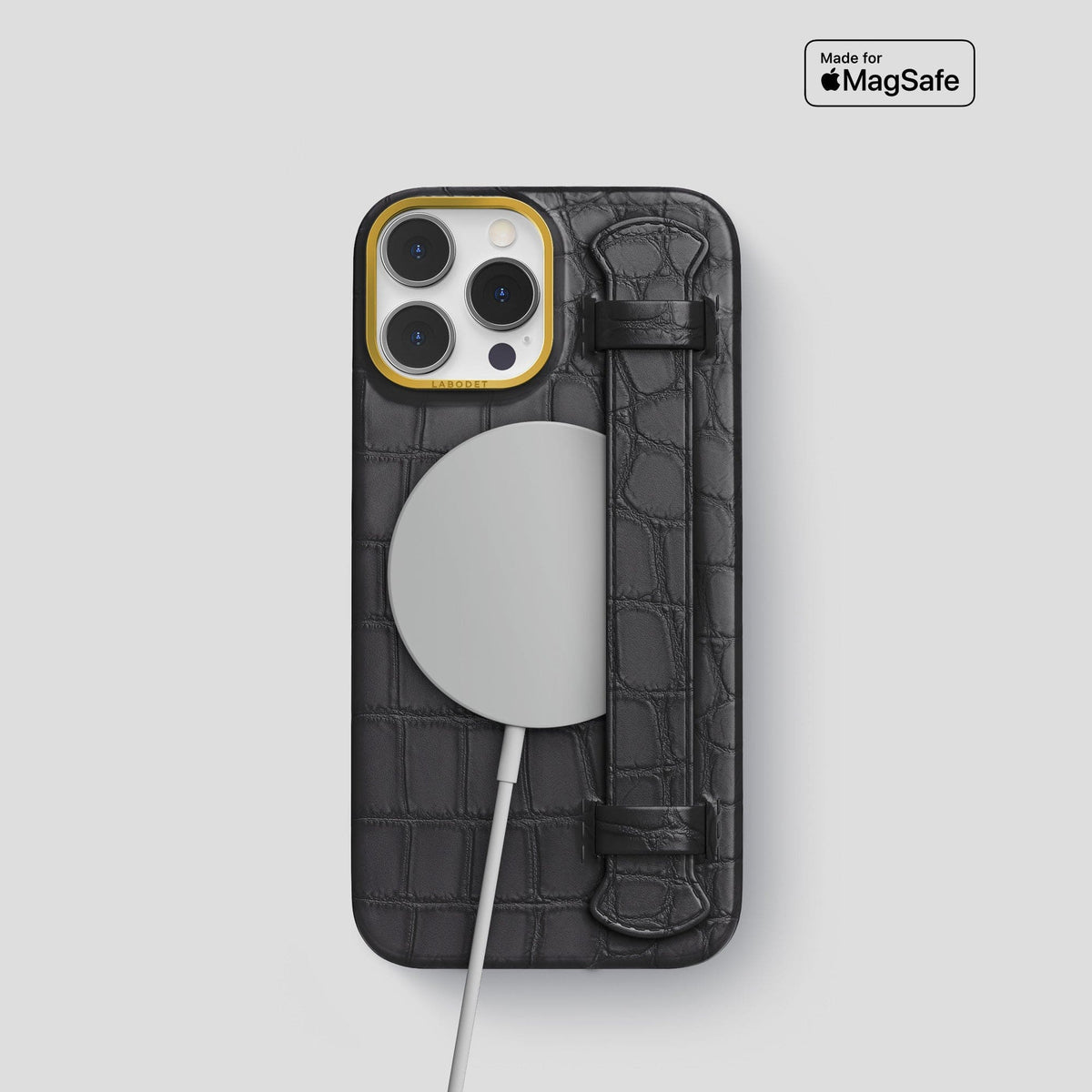 Grey iPhone 14 Pro Strap Case Alligator with Gold Metal -4 | Grey-Gold