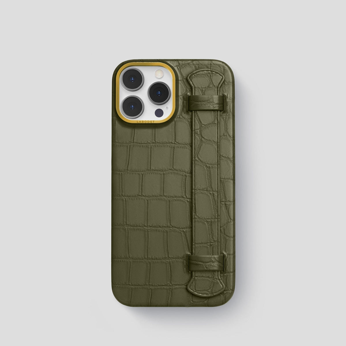 Kaki-Green iPhone 14 Pro Strap Case Alligator with Gold Metal -1 | Kaki-Green-Gold