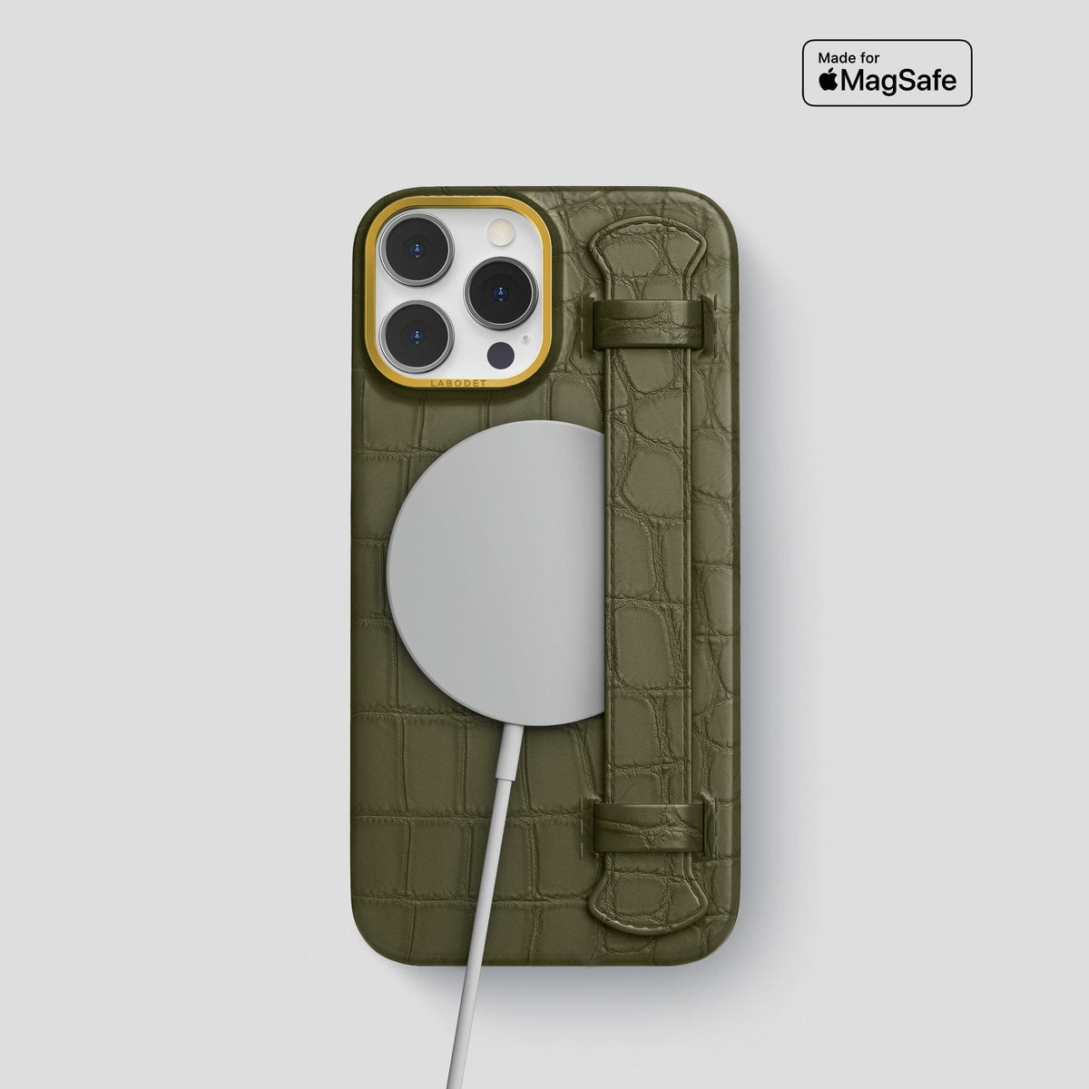 Kaki-Green iPhone 14 Pro Strap Case Alligator with Gold Metal -4 | Kaki-Green-Gold
