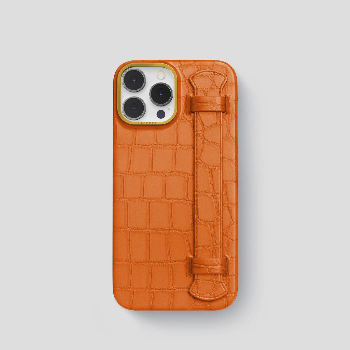 Orange iPhone 14 Pro Strap Case Alligator with Gold Metal -1 | Orange-Gold