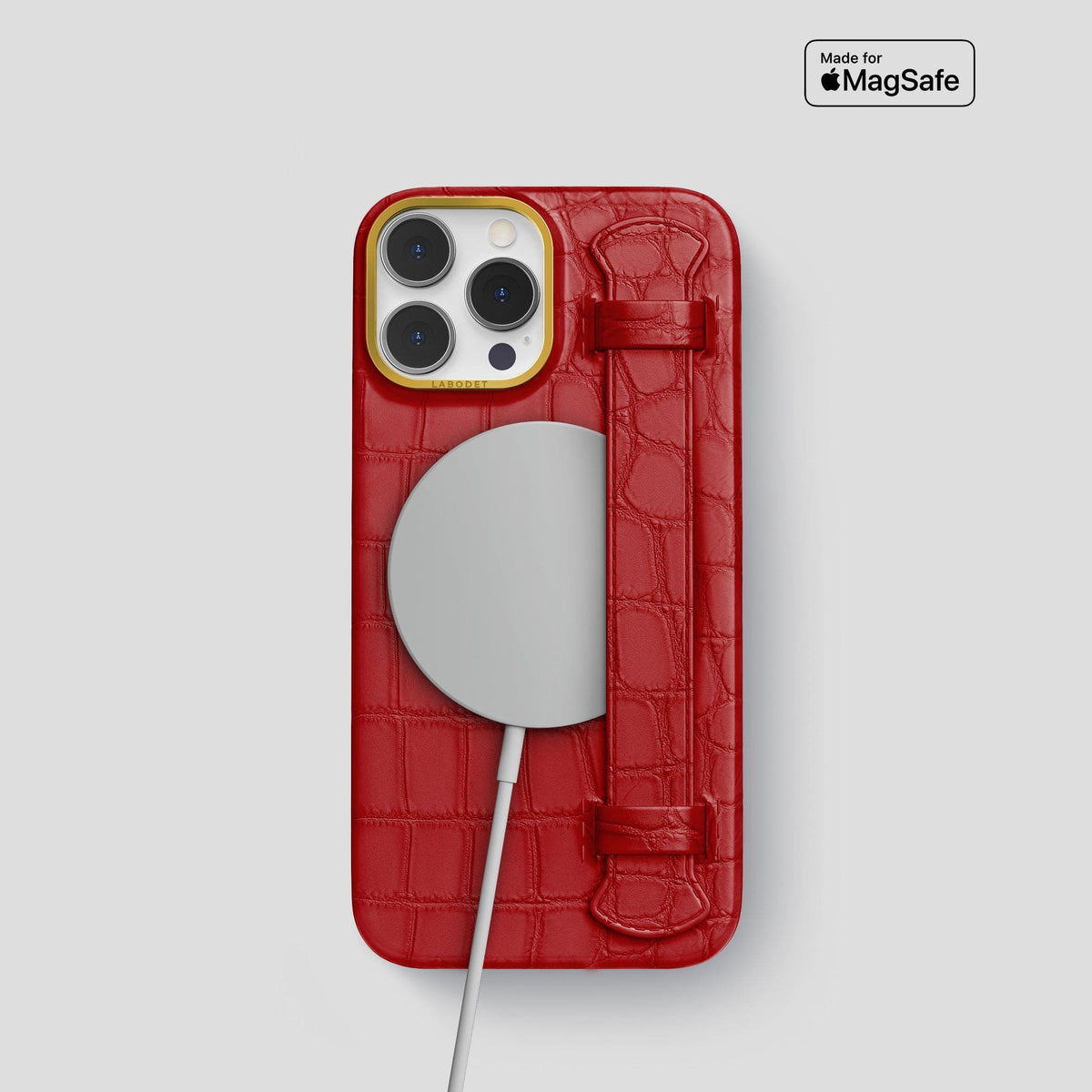 Red iPhone 14 Pro Strap Case Alligator with Gold Metal -4 | Red-Gold