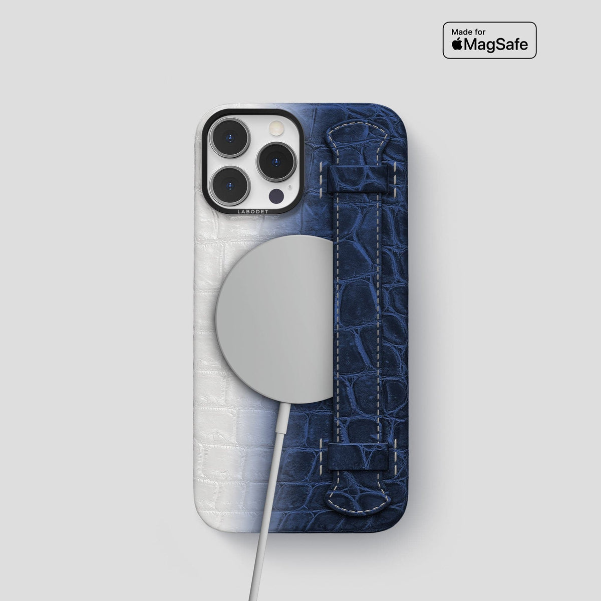 Navy Blue iPhone 14 Pro Handle Case Himalayan Crocodile with Black Metal -5 | Navy-Blue-Black