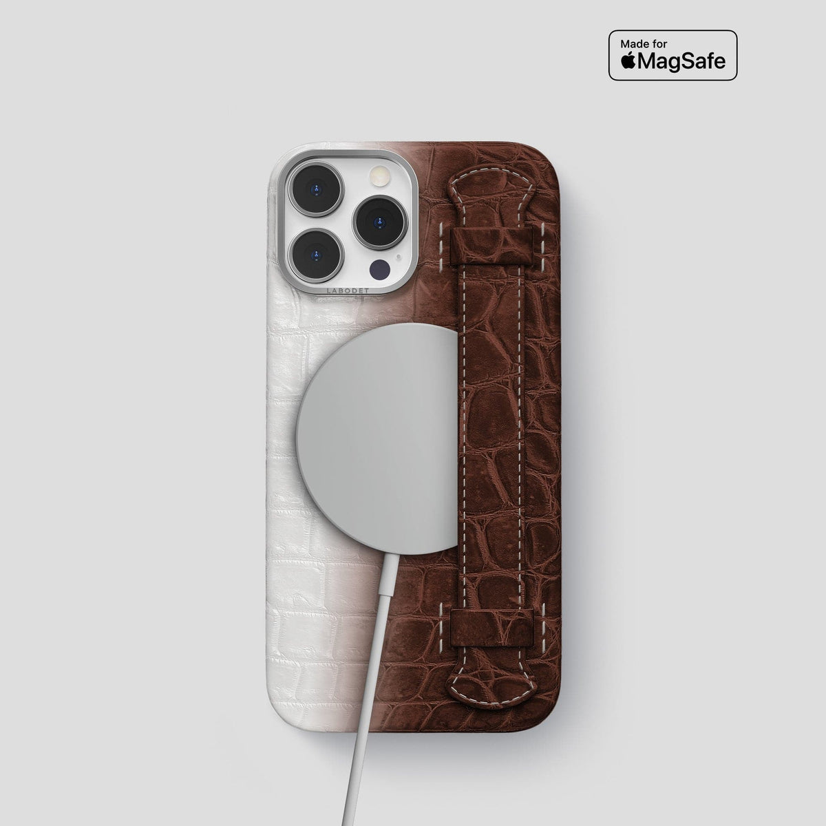 Dark Brown iPhone 14 Pro Handle Case Himalayan Crocodile with Steel Metal -5 | Dark-Brown-Steel