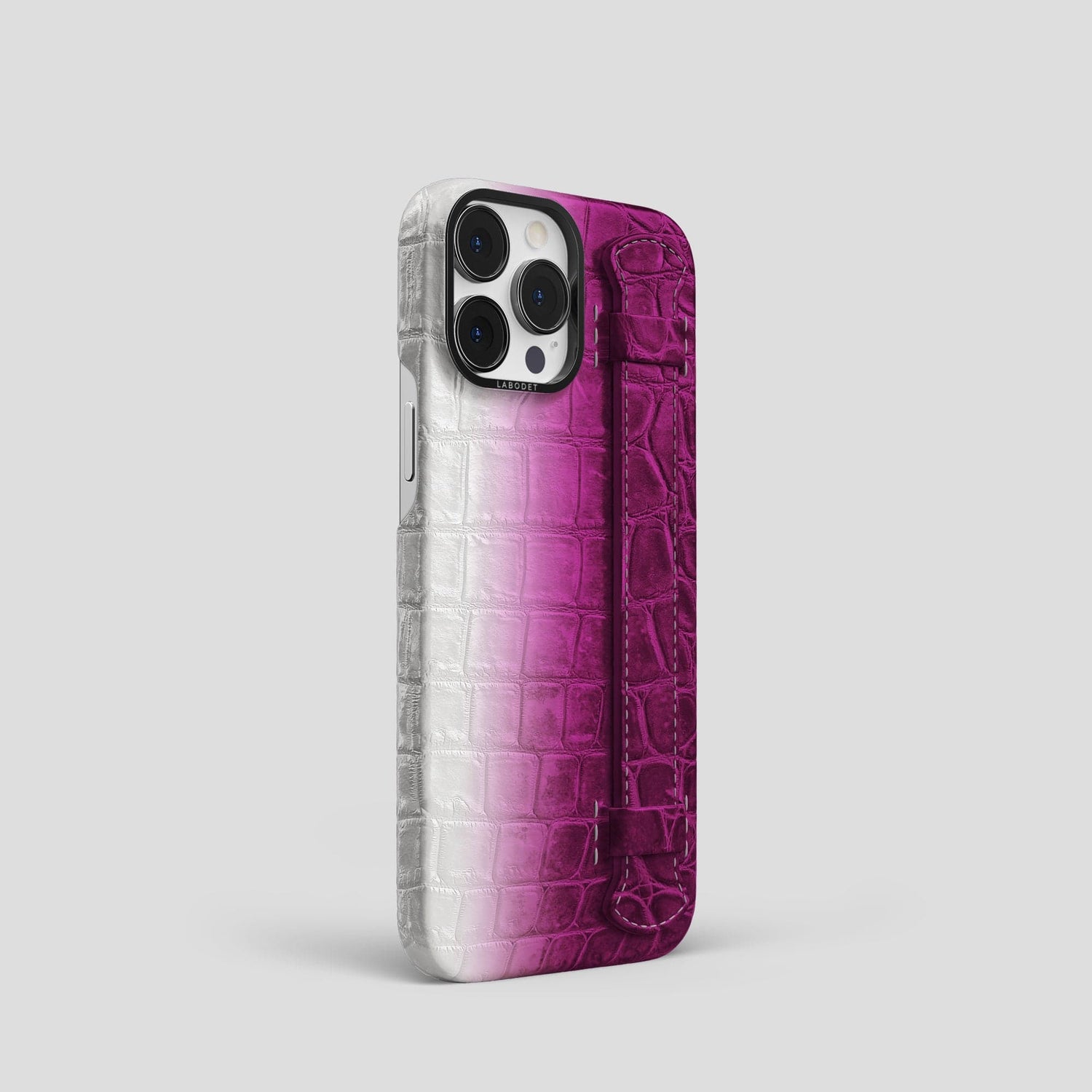 Fuchsia iPhone 14 Pro Handle Case Himalayan Crocodile with Black Metal -2 | Fuchsia-Black