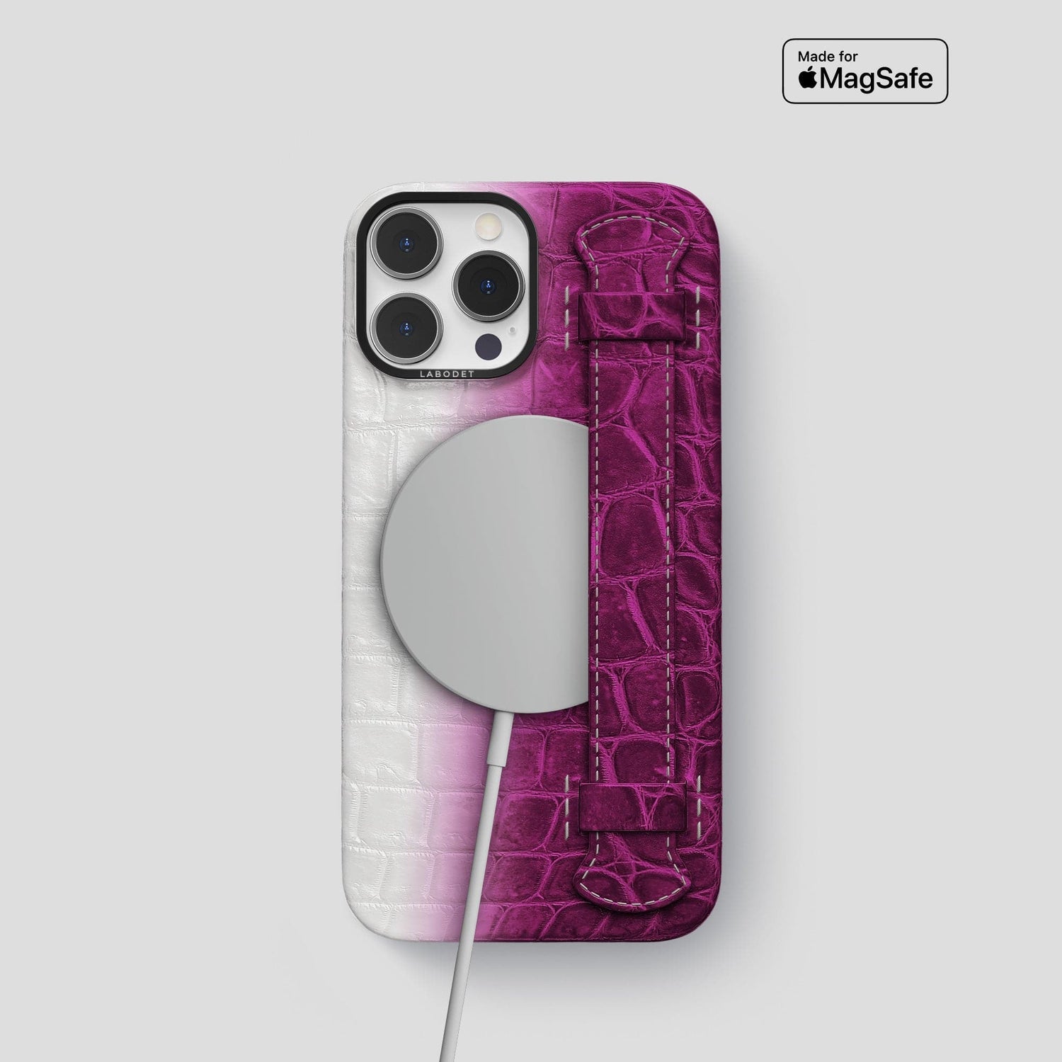 Fuchsia iPhone 14 Pro Handle Case Himalayan Crocodile with Black Metal -5 | Fuchsia-Black