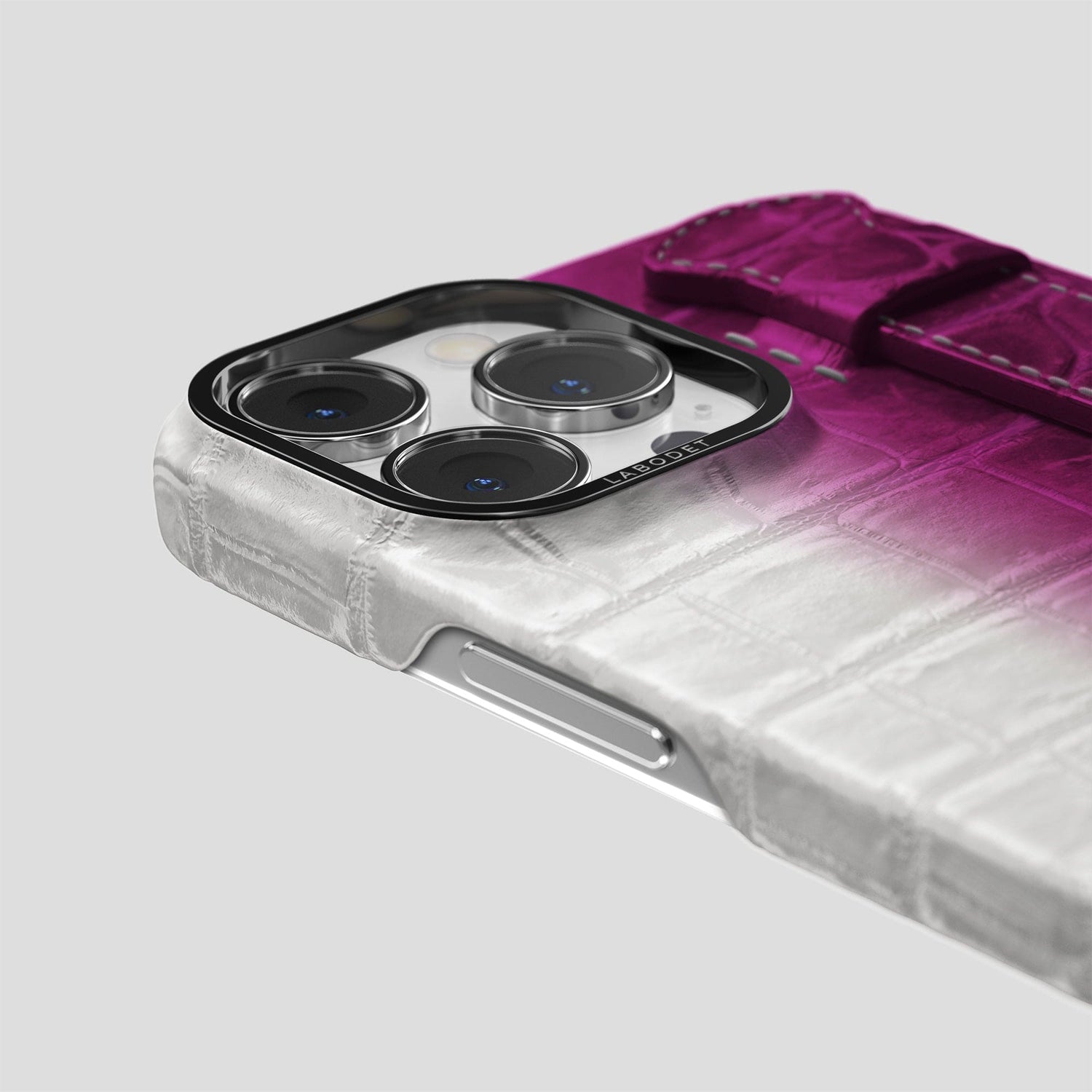 Fuchsia iPhone 14 Pro Handle Case Himalayan Crocodile with Black Metal -6 | Fuchsia-Black