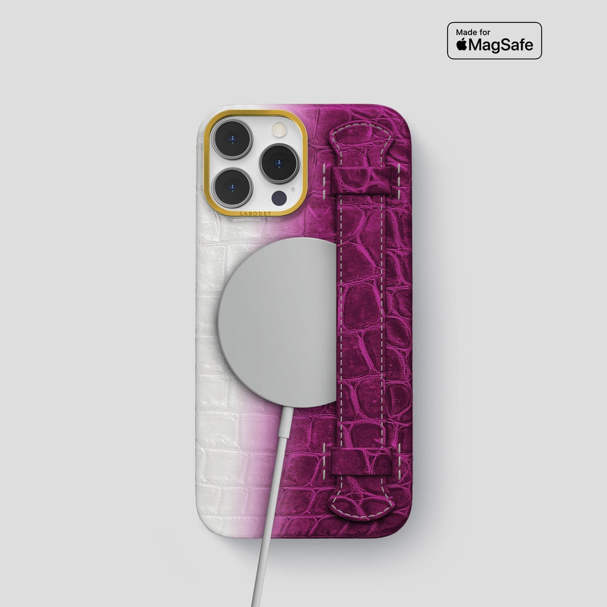 Fuchsia iPhone 14 Pro Handle Case Himalayan Crocodile with Gold Metal -5 | Fuchsia-Gold