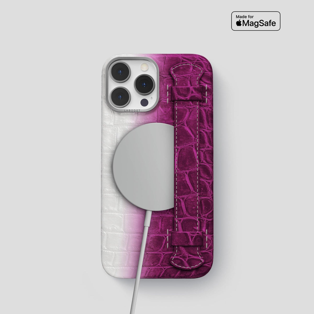 Fuchsia iPhone 14 Pro Handle Case Himalayan Crocodile with Steel Metal -5 | Fuchsia-Steel
