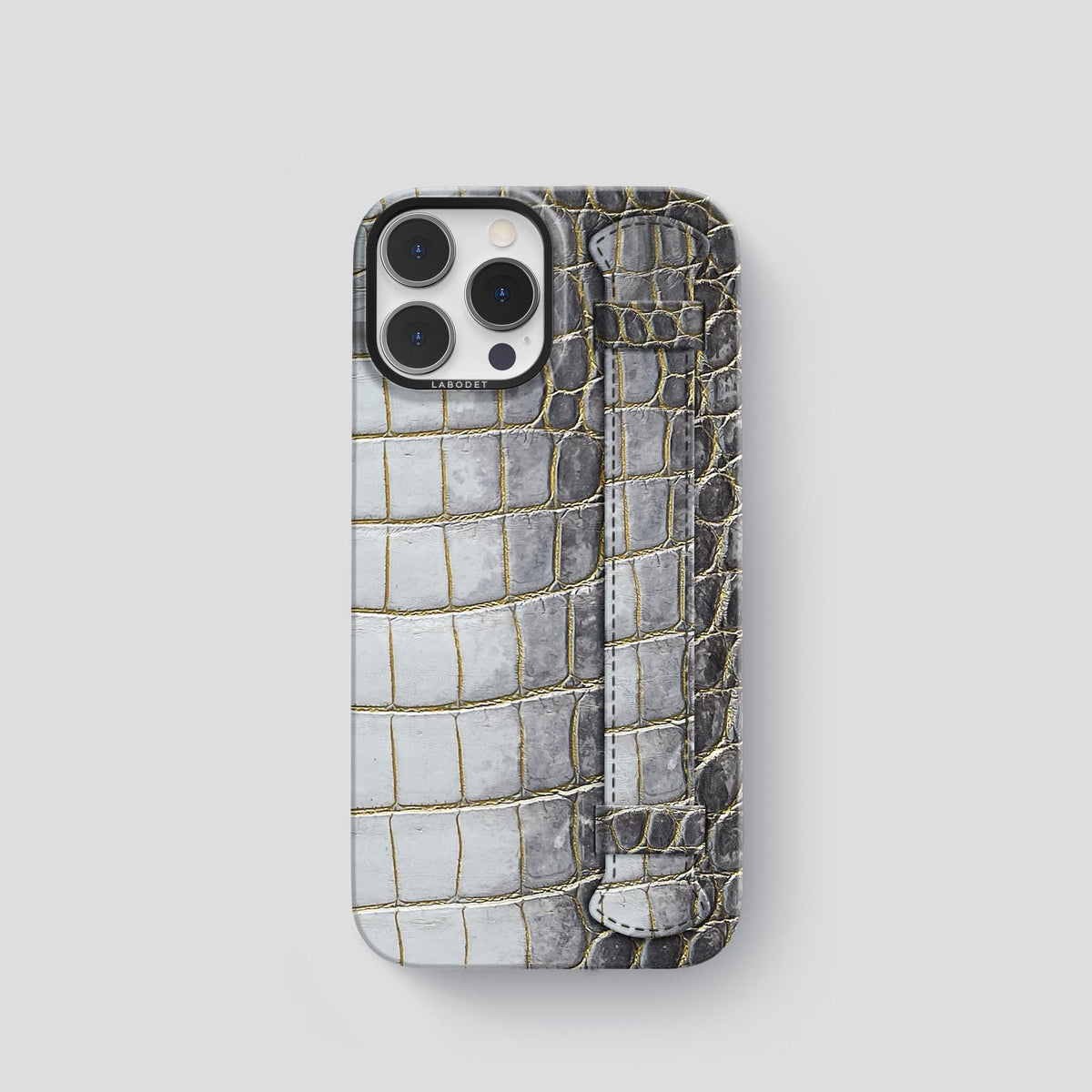 Gold iPhone 14 Pro Handle Case Himalayan Crocodile with Black Metal -1 | Gold-Black