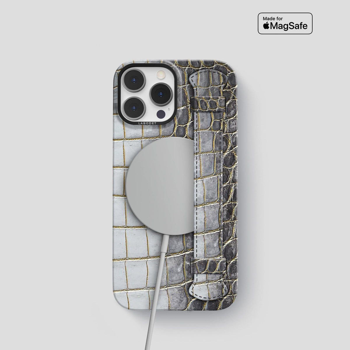 Gold iPhone 14 Pro Handle Case Himalayan Crocodile with Black Metal -5 | Gold-Black