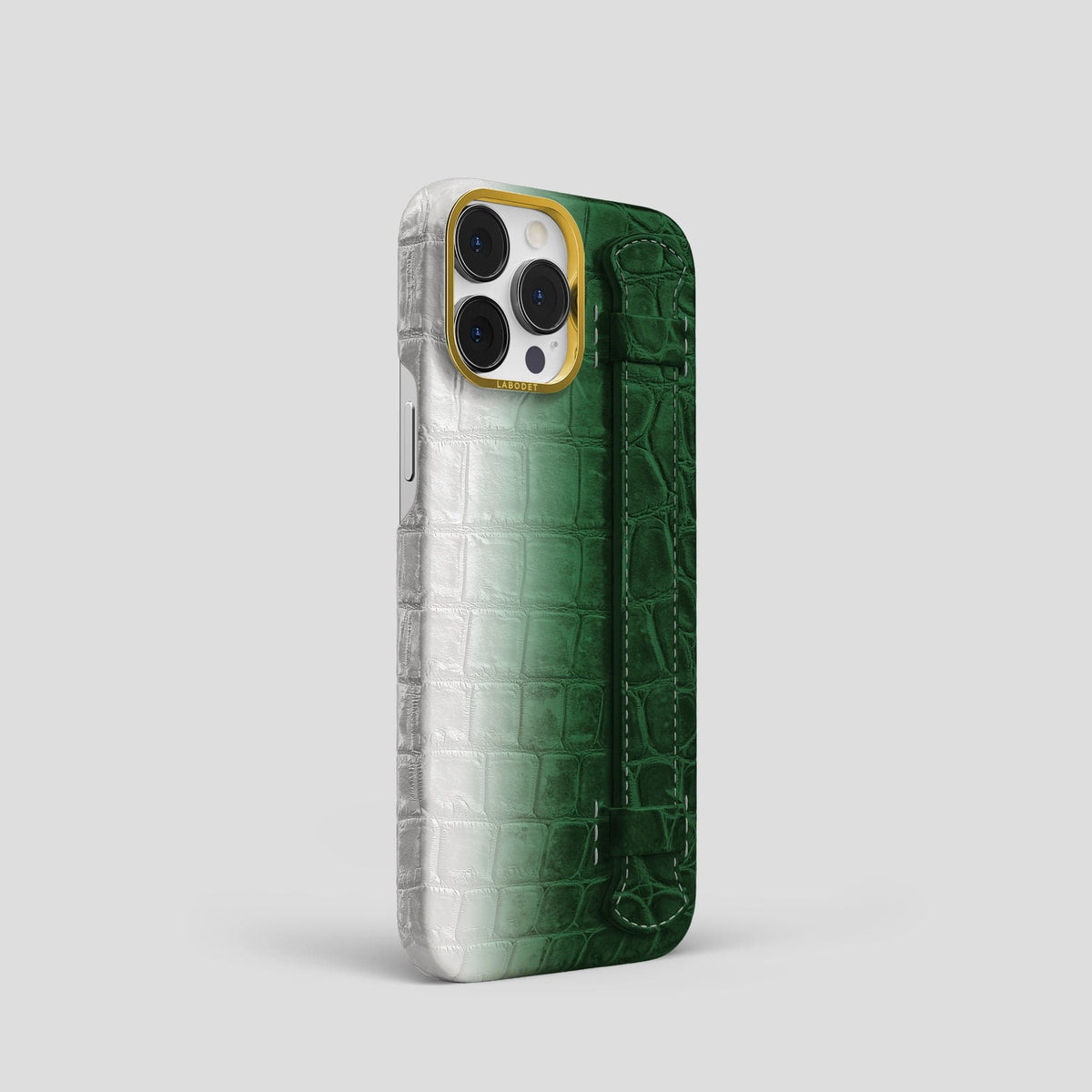Green iPhone 14 Pro Handle Case Himalayan Crocodile with Gold Metal -2 | Green-Gold