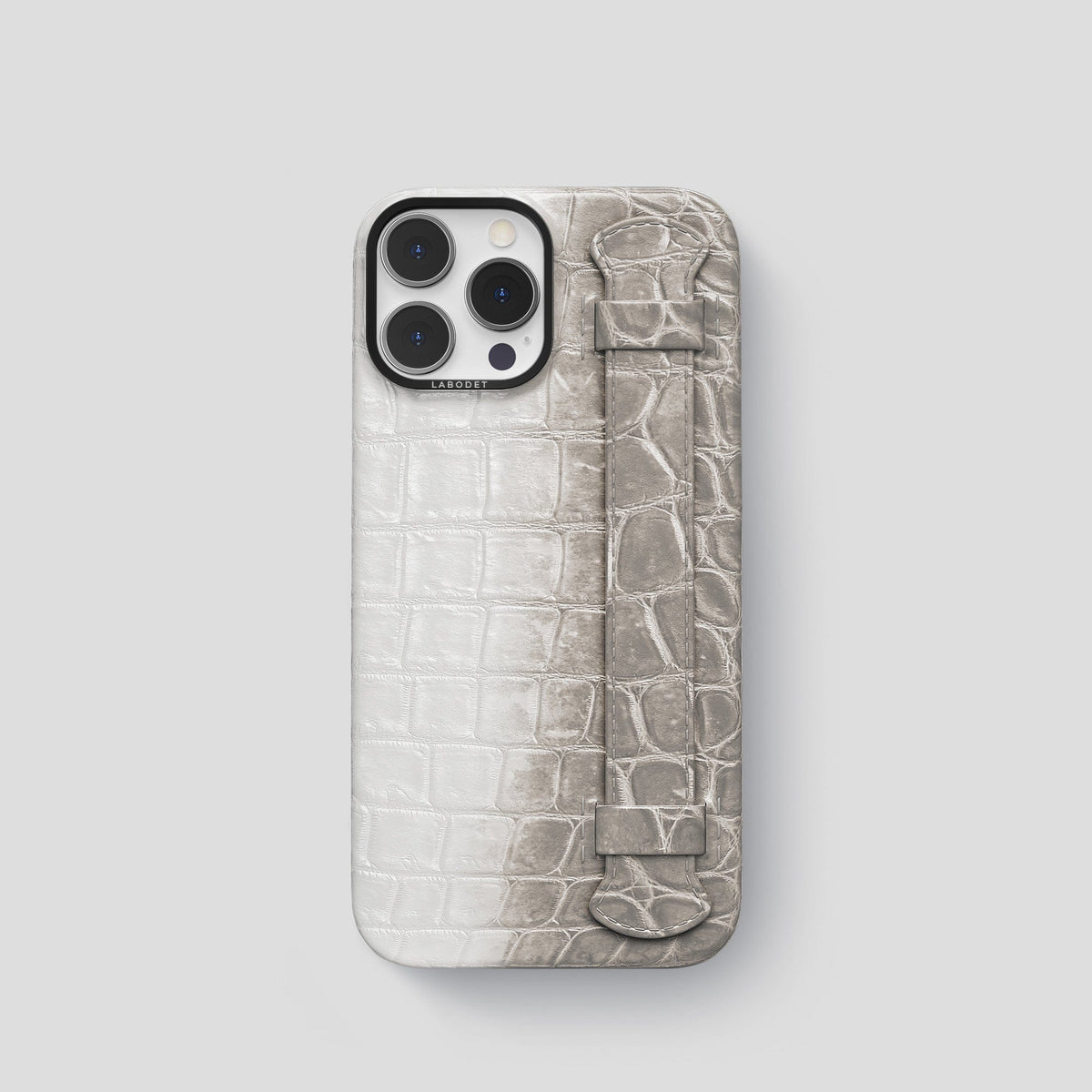Grey iPhone 14 Pro Handle Case Himalayan Crocodile with Black Metal -1 | Grey-Black