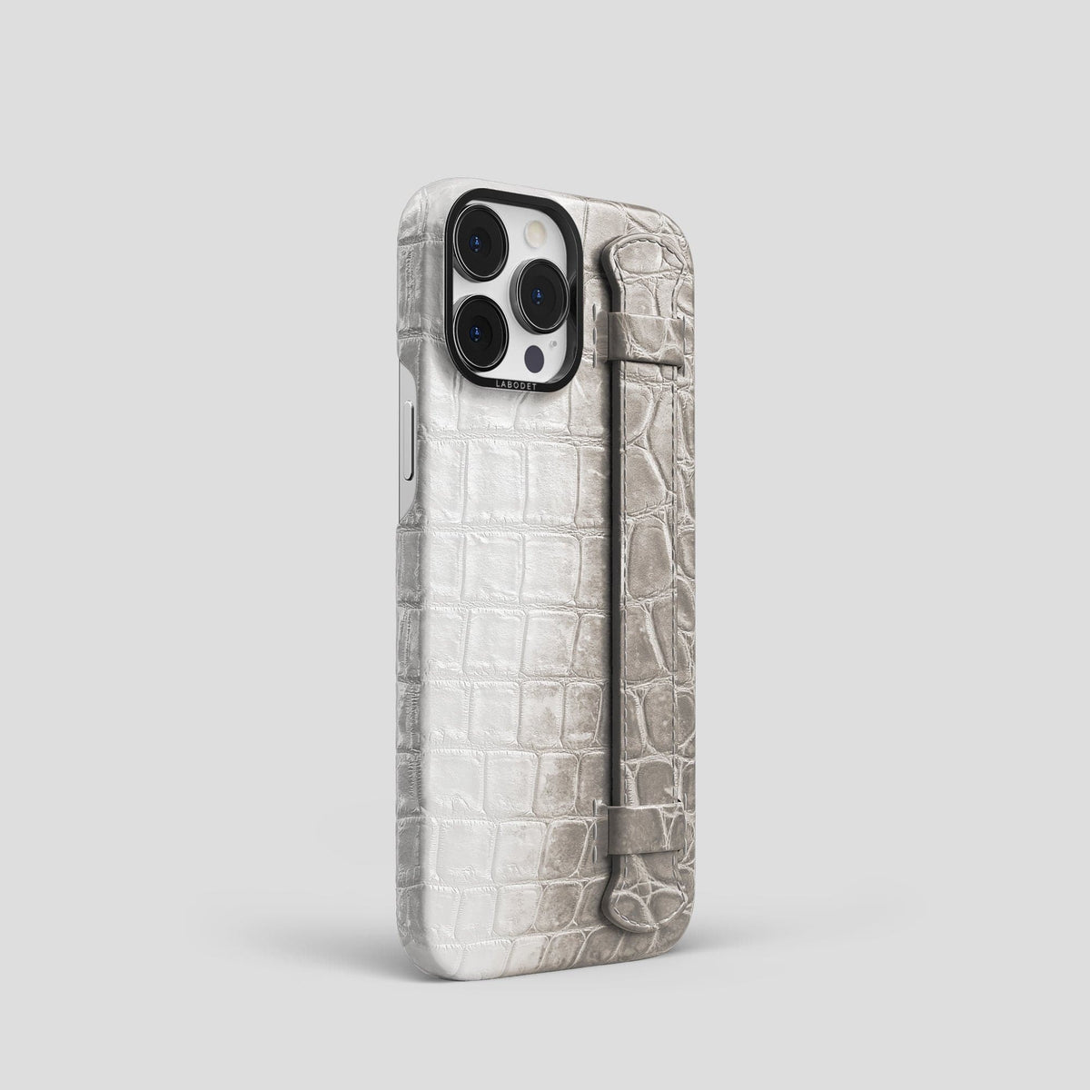 Grey iPhone 14 Pro Handle Case Himalayan Crocodile with Black Metal -2 | Grey-Black