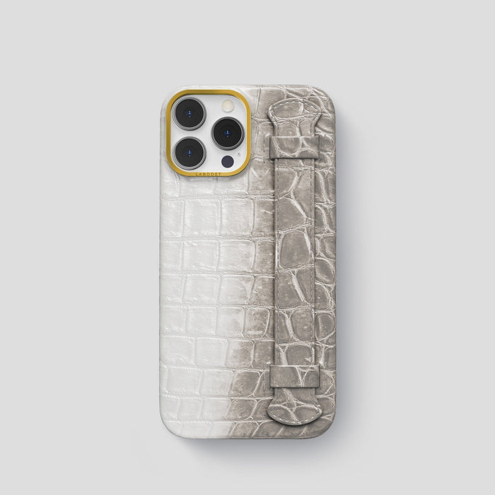 Grey iPhone 14 Pro Handle Case Himalayan Crocodile with Gold Metal -1 | Grey-Gold