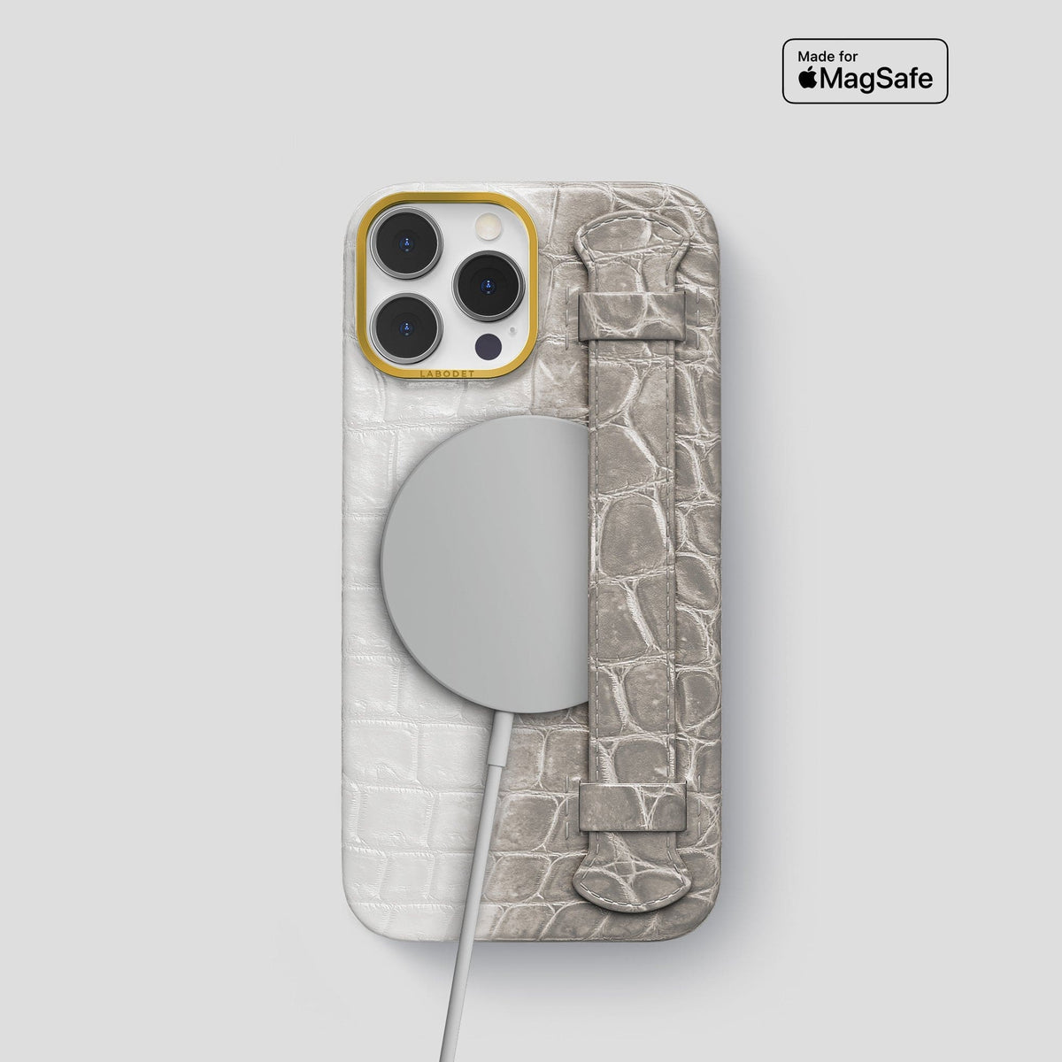 Grey iPhone 14 Pro Handle Case Himalayan Crocodile with Gold Metal -5 | Grey-Gold