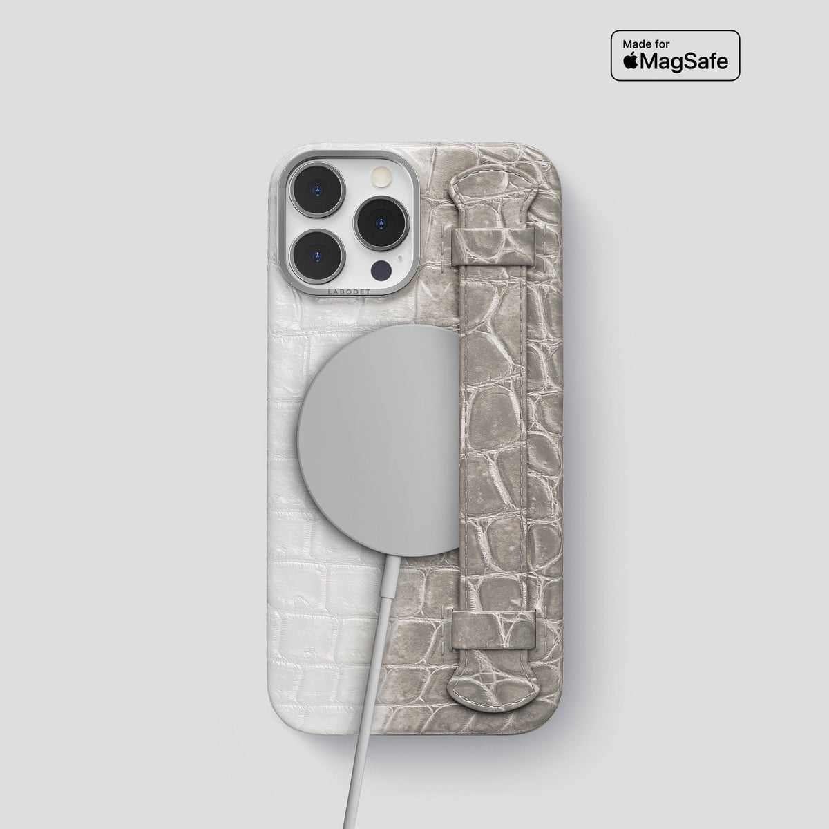 Grey iPhone 14 Pro Handle Case Himalayan Crocodile with Steel Metal -5 | Grey-Steel