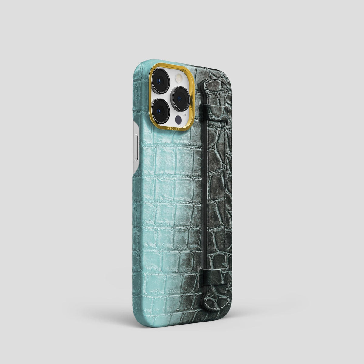Light-Mint iPhone 14 Pro Handle Case Himalayan Crocodile with Gold Metal -2 | Light-Mint-Gold