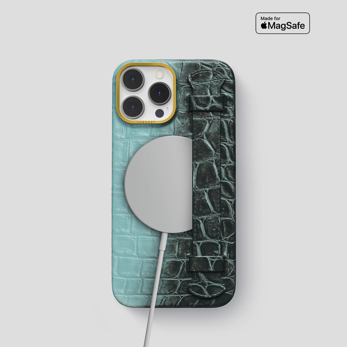 Light-Mint iPhone 14 Pro Handle Case Himalayan Crocodile with Gold Metal -5 | Light-Mint-Gold